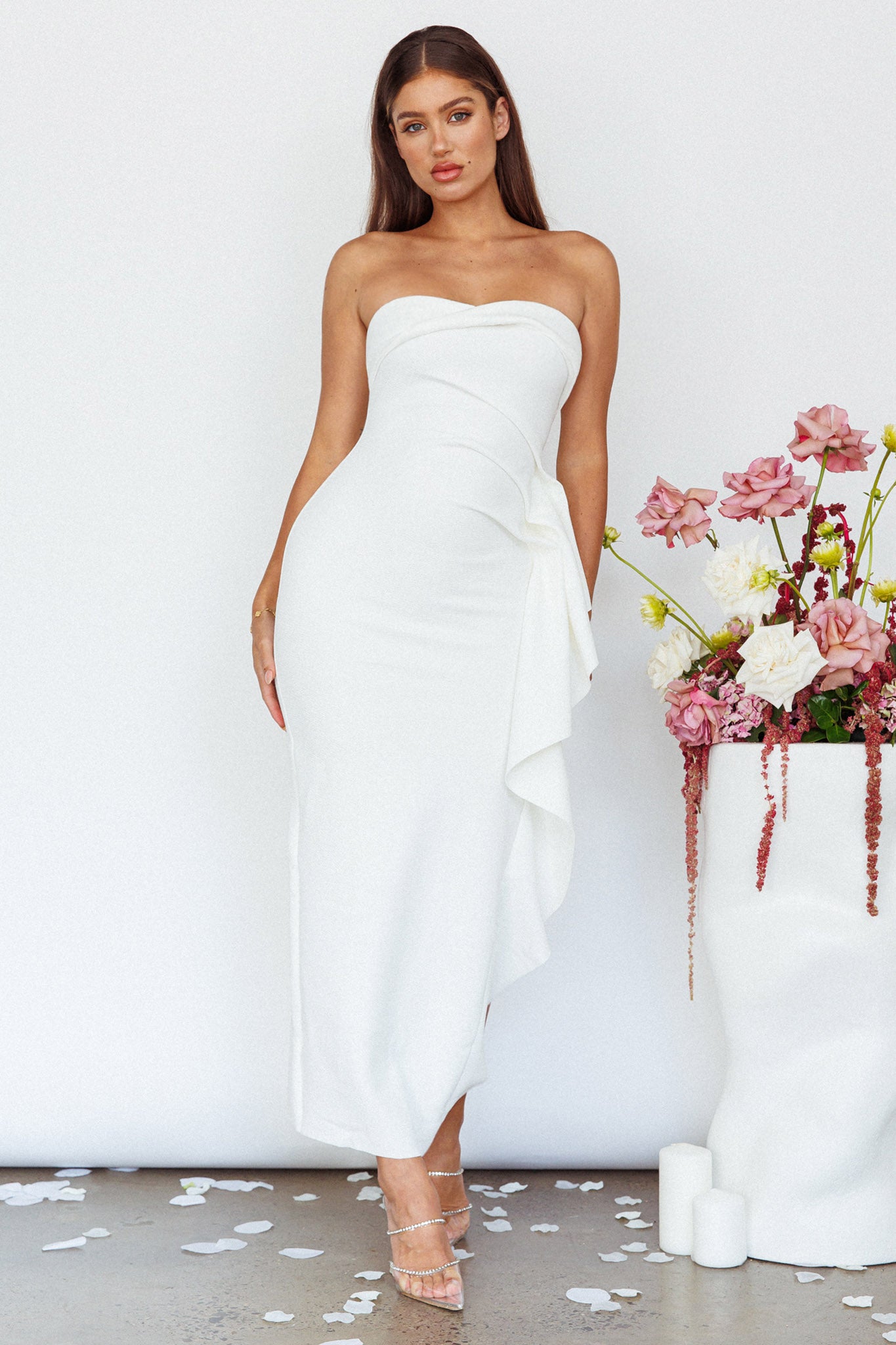 Sasha Cascade Ruffle Midi Dress White by Selfie Leslie Australia