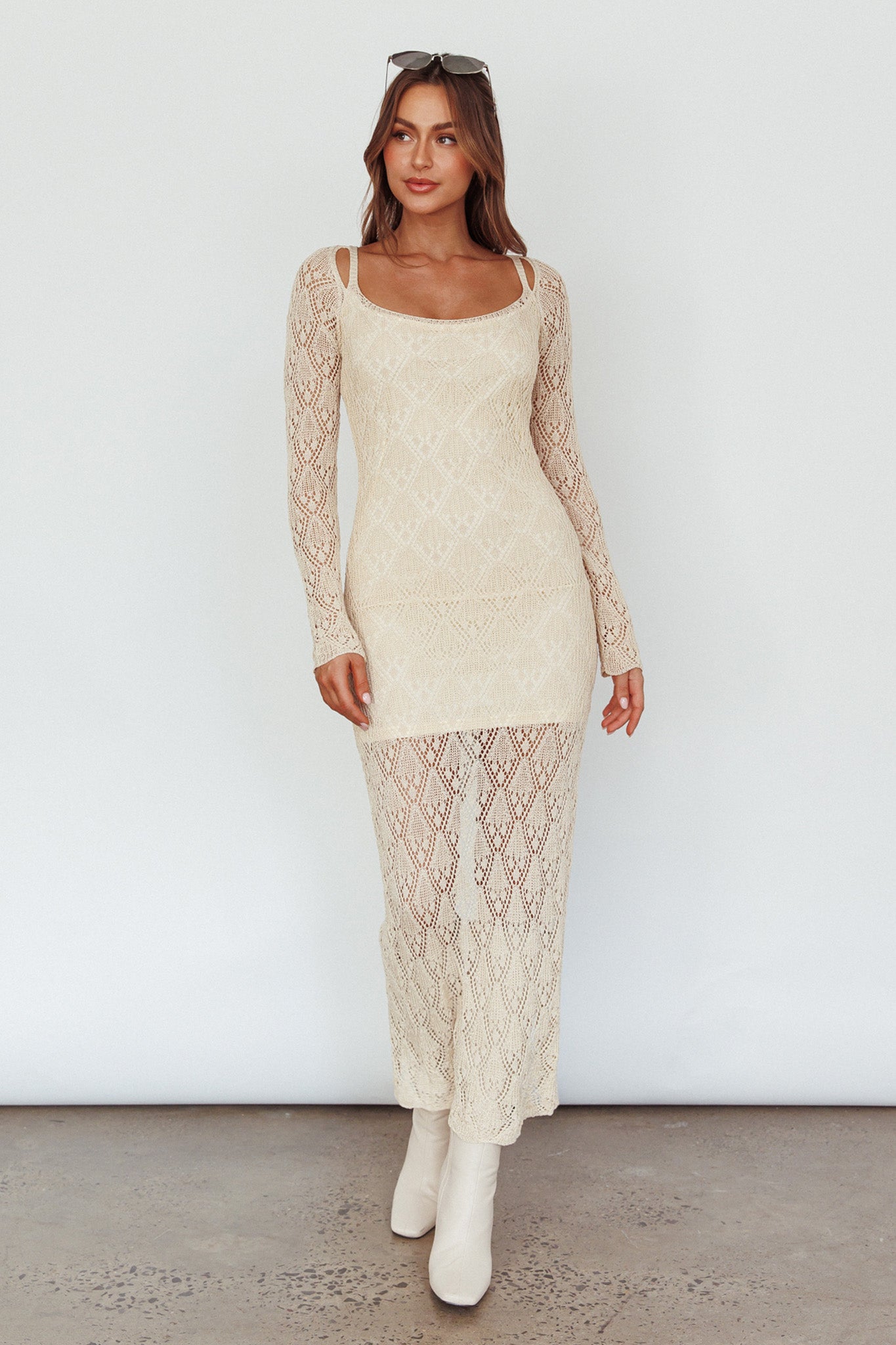 Happy Place Long Sleeve Crochet Midi Dress Beige by Selfie Leslie Australia