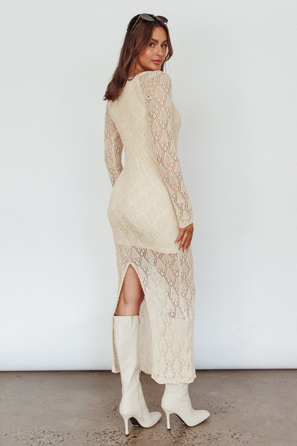 Happy Place Long Sleeve Crochet Midi Dress Beige by Selfie Leslie Australia