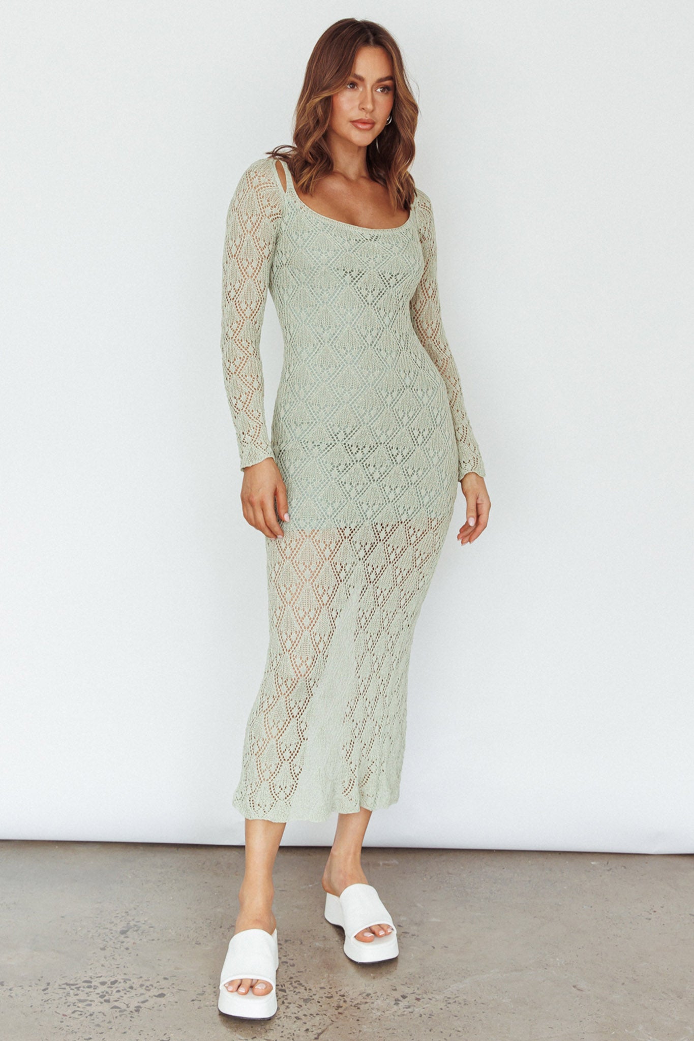 Happy Place Long Sleeve Crochet Midi Dress Sage by Selfie Leslie Australia