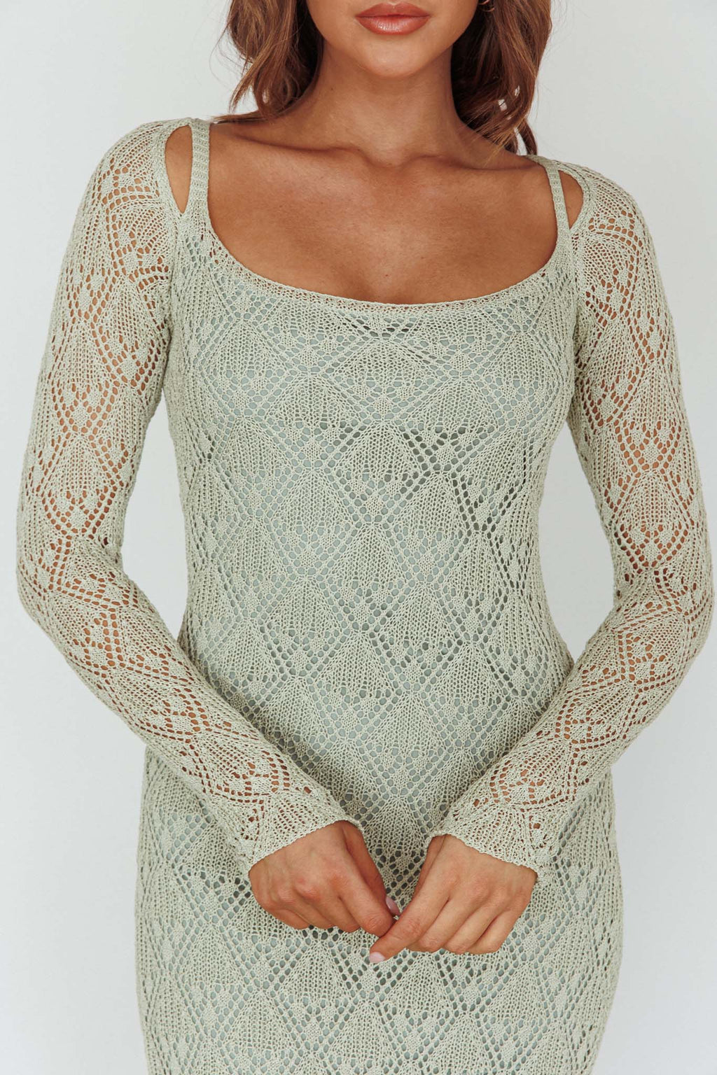 Happy Place Long Sleeve Crochet Midi Dress Sage by Selfie Leslie Australia
