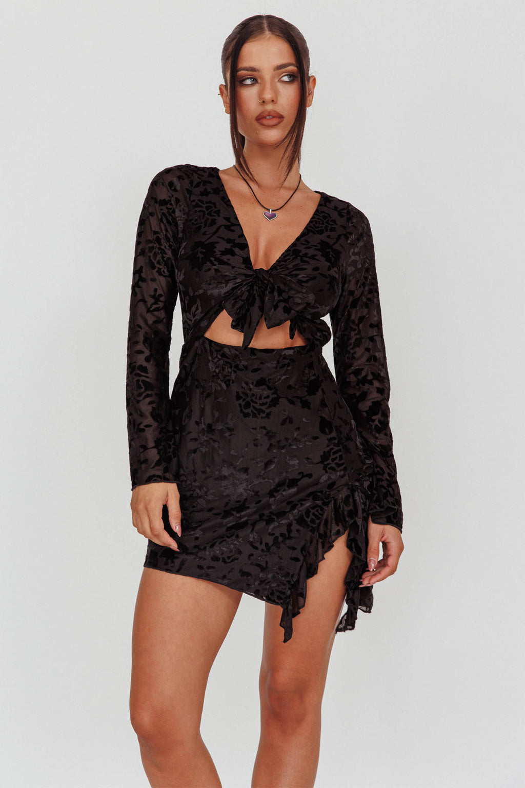 Adri Bust Tie Mini Dress Velvet Floral Black by Selfie Leslie Australia
