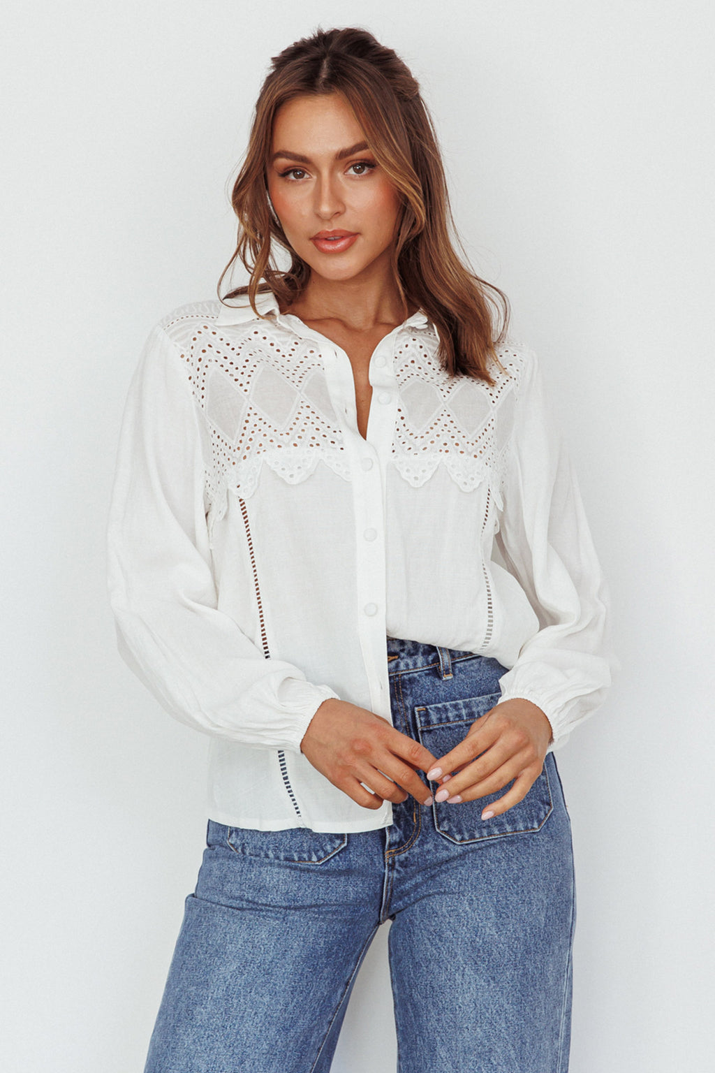 Villa Oasis Long Sleeve Button Shirt White by Selfie Leslie Australia