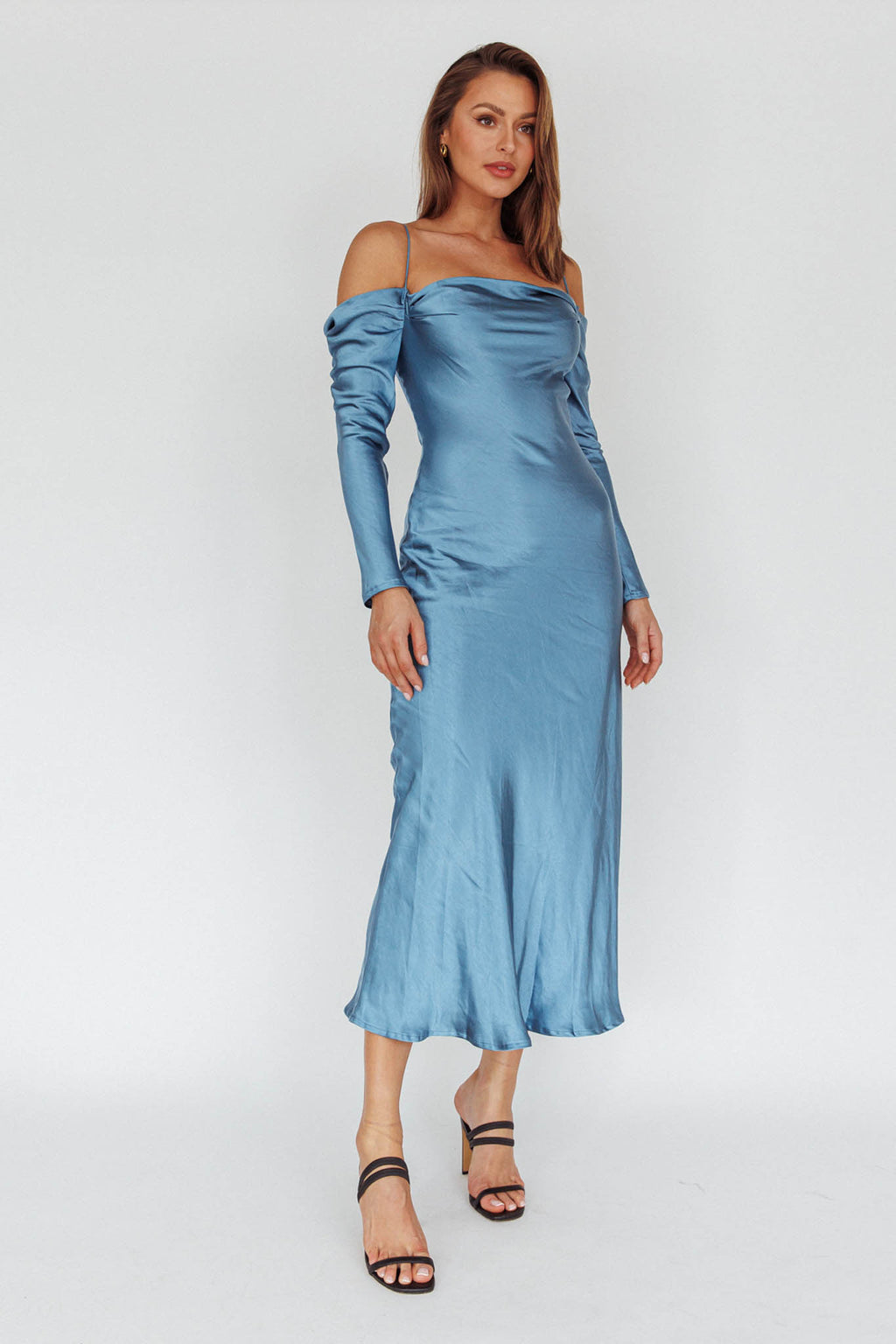 Ellory Long Sleeve Off-Shoulder Dress Blue by Selfie Leslie Australia
