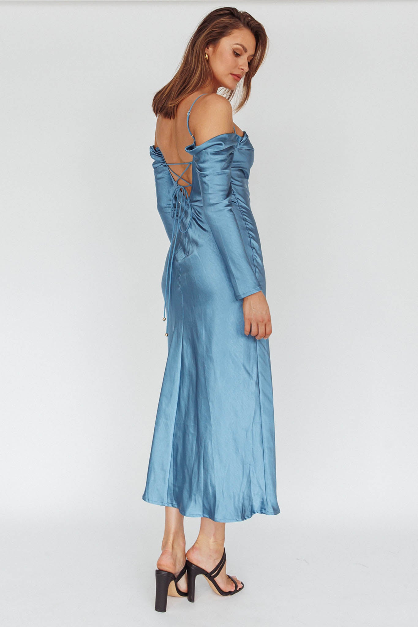 Ellory Long Sleeve Off-Shoulder Dress Blue by Selfie Leslie Australia