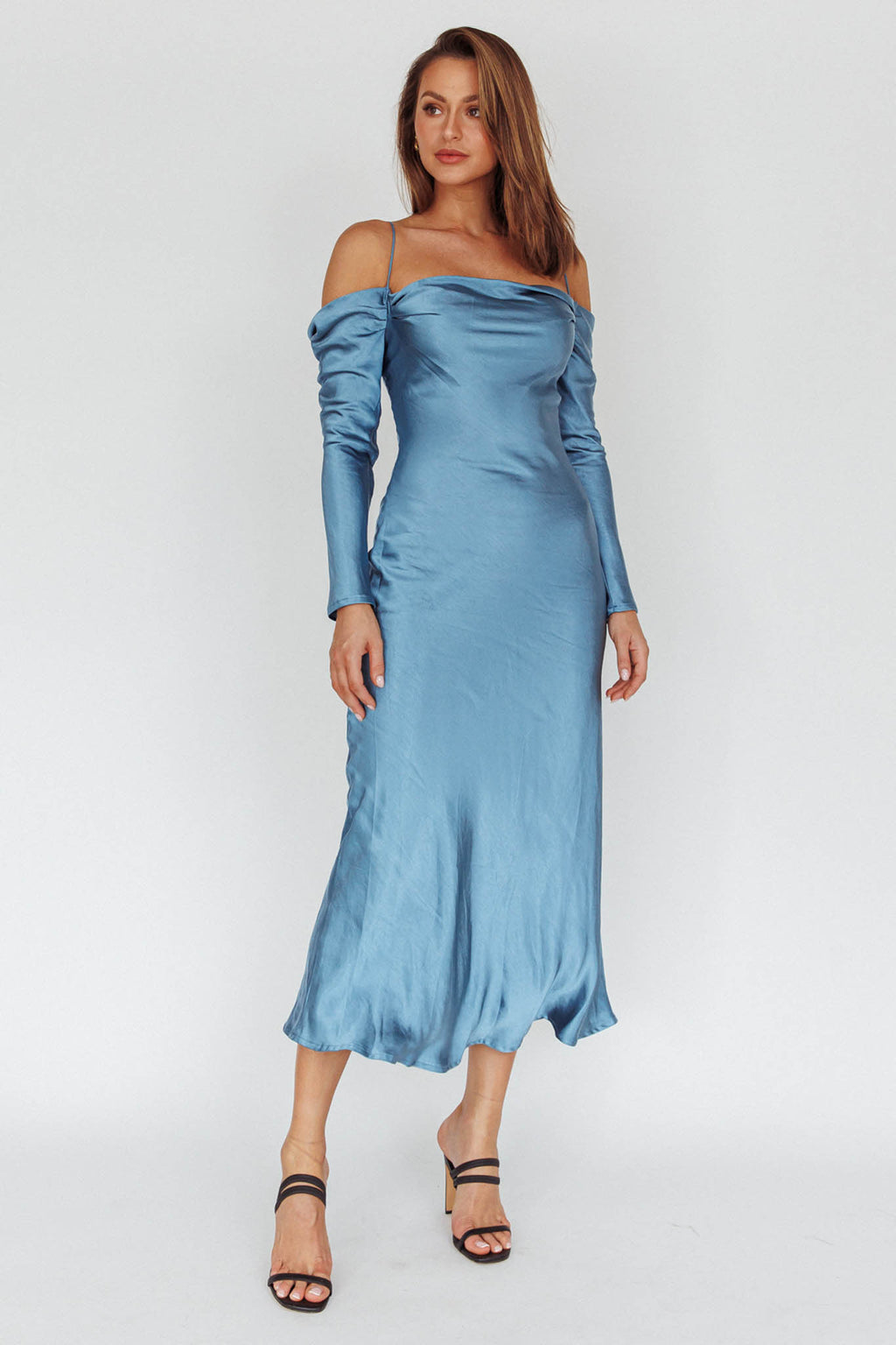 Ellory Long Sleeve Off-Shoulder Dress Blue by Selfie Leslie Australia
