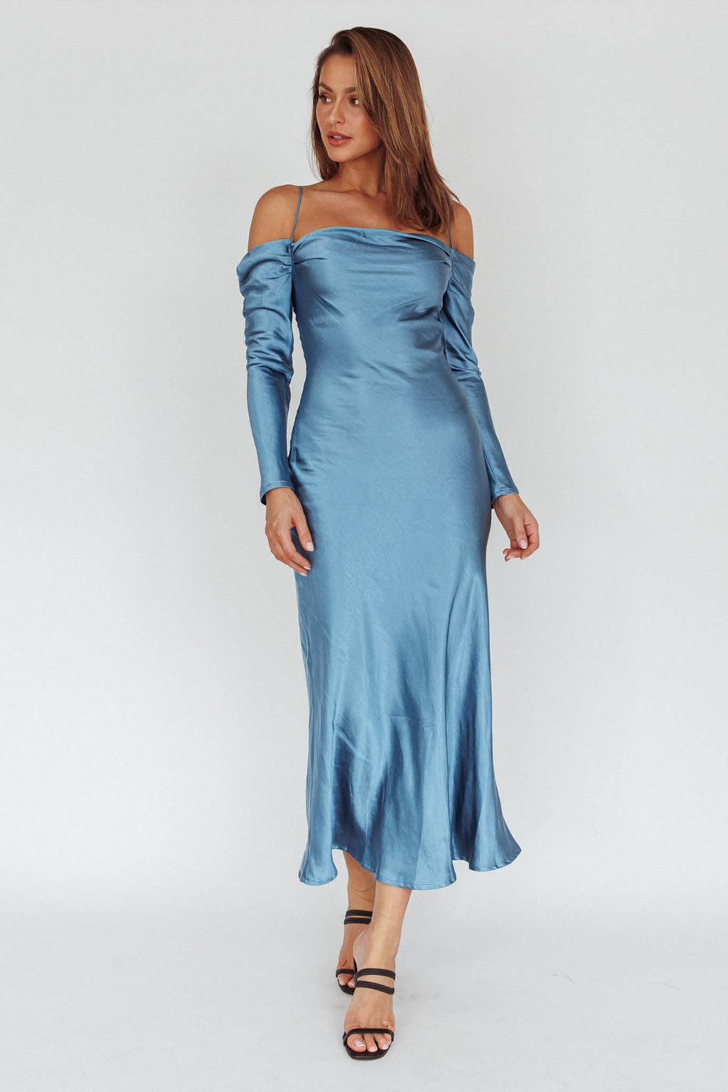 Ellory Long Sleeve Off-Shoulder Dress Blue by Selfie Leslie Australia