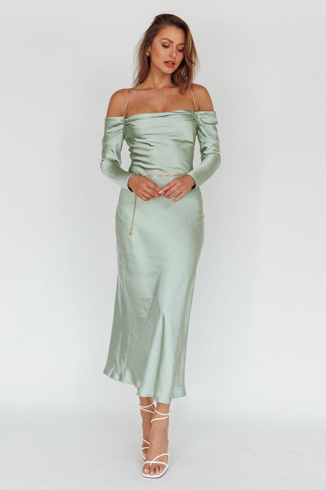 Ellory Long Sleeve Off-Shoulder Dress Sage by Selfie Leslie Australia