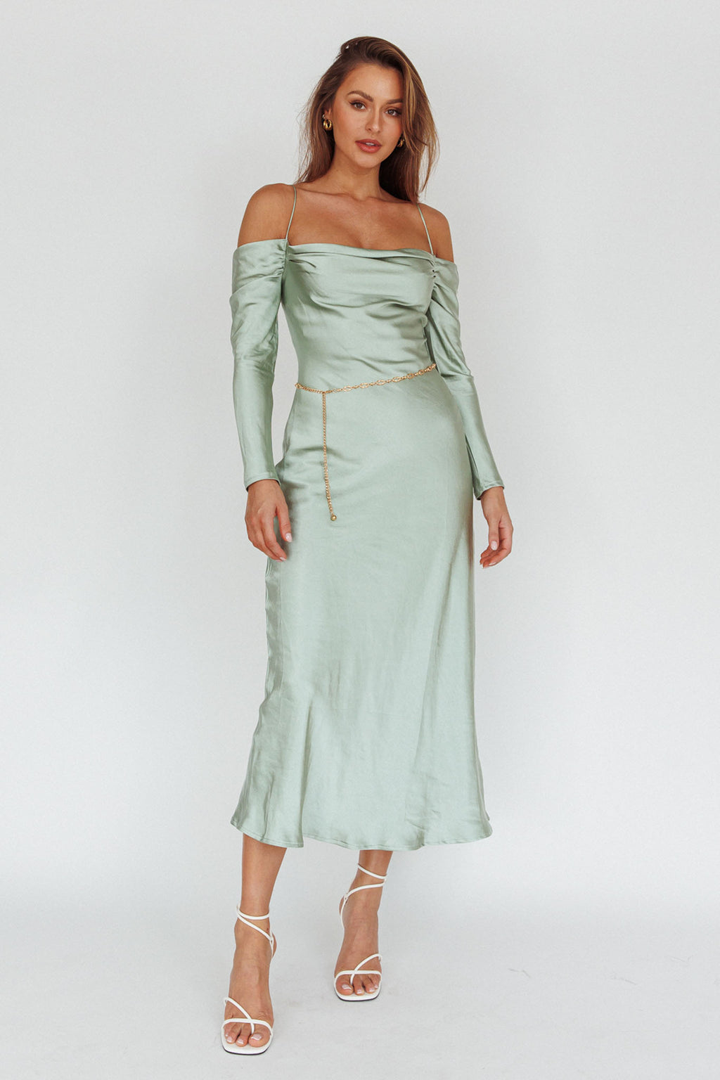 Ellory Long Sleeve Off-Shoulder Dress Sage by Selfie Leslie Australia
