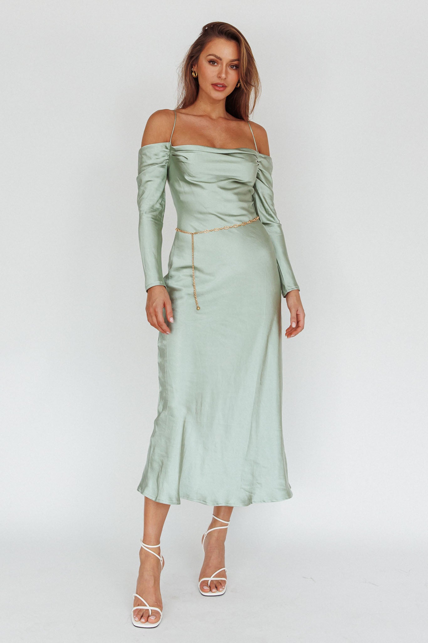 Ellory Long Sleeve Off-Shoulder Dress Sage by Selfie Leslie Australia