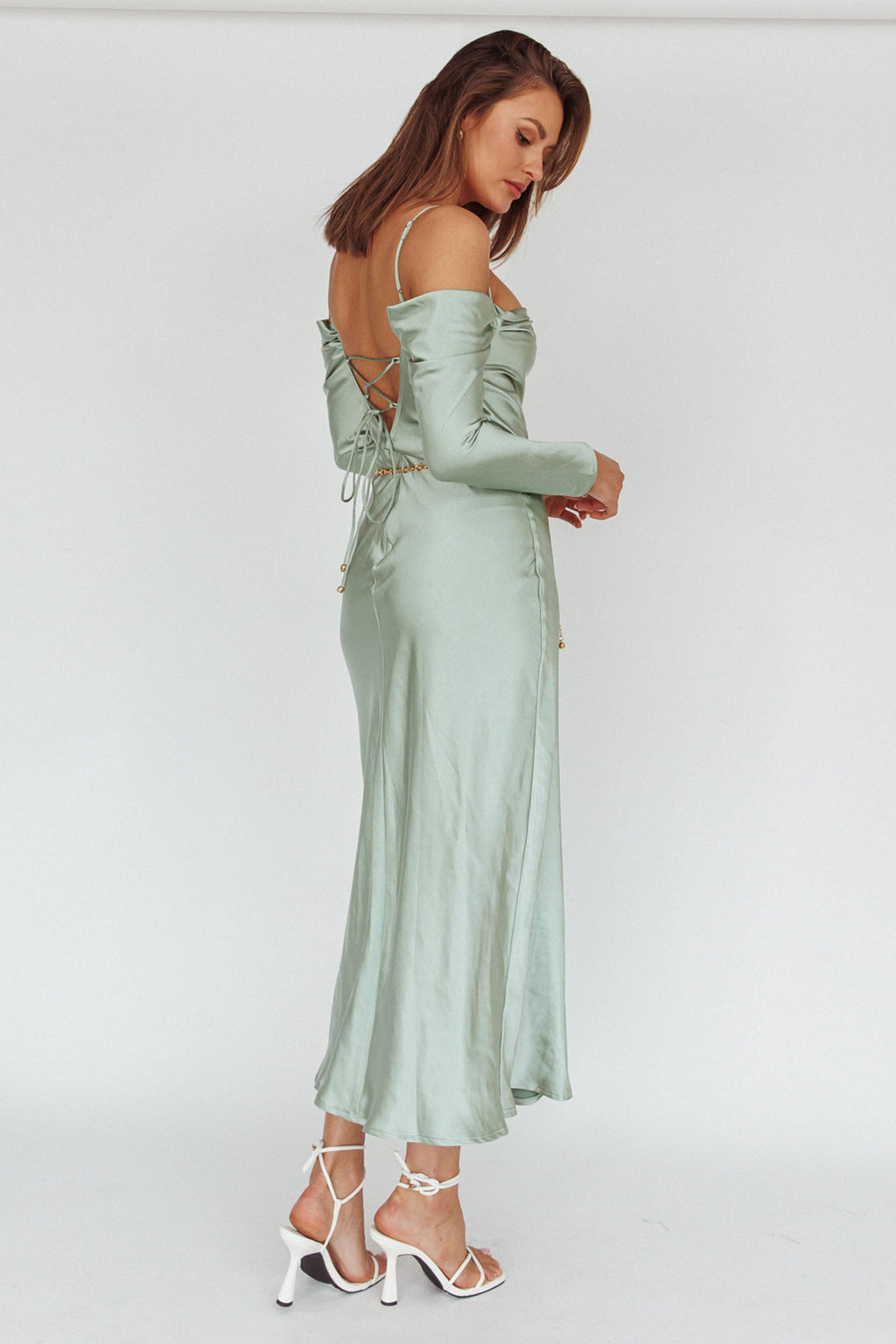 Ellory Long Sleeve Off-Shoulder Dress Sage by Selfie Leslie Australia