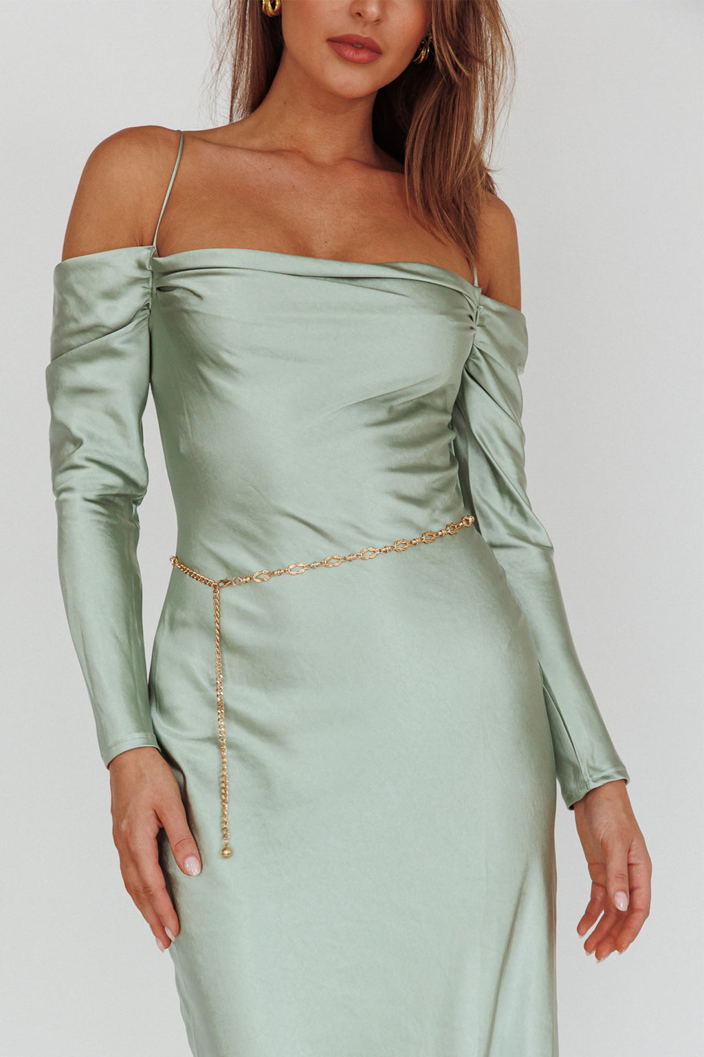 Ellory Long Sleeve Off-Shoulder Dress Sage by Selfie Leslie Australia