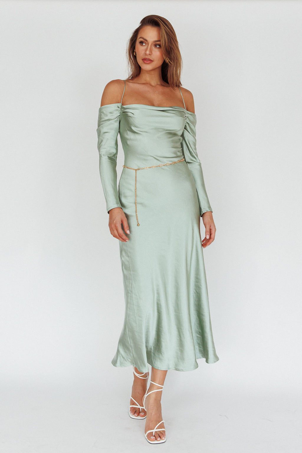 Ellory Long Sleeve Off-Shoulder Dress Sage by Selfie Leslie Australia