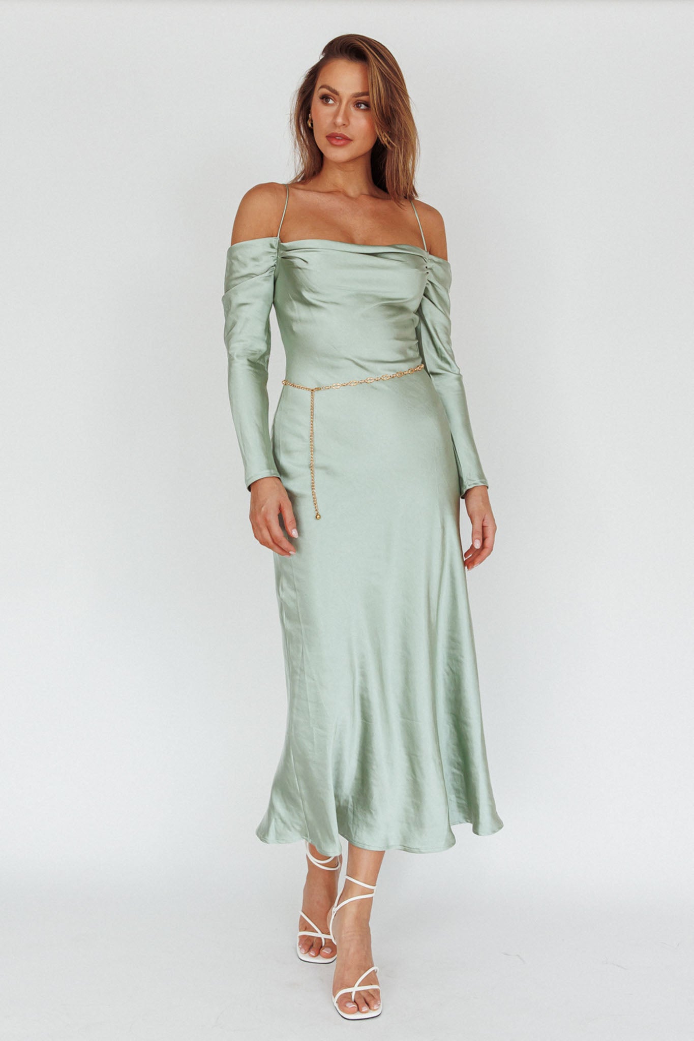 Ellory Long Sleeve Off-Shoulder Dress Sage by Selfie Leslie Australia