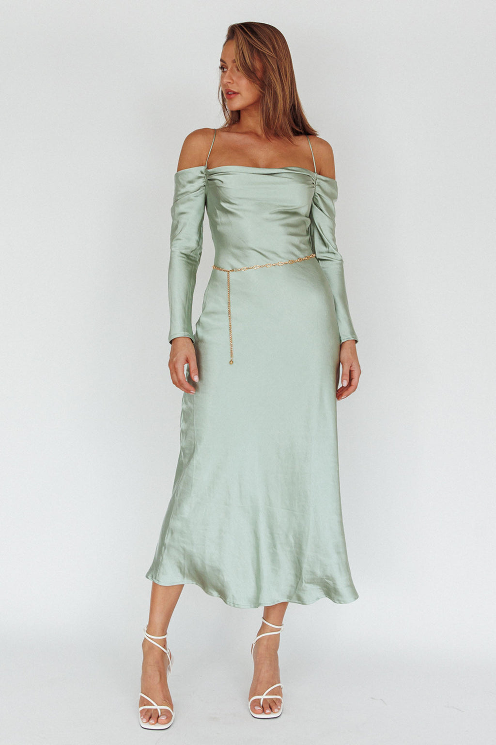 Ellory Long Sleeve Off-Shoulder Dress Sage by Selfie Leslie Australia