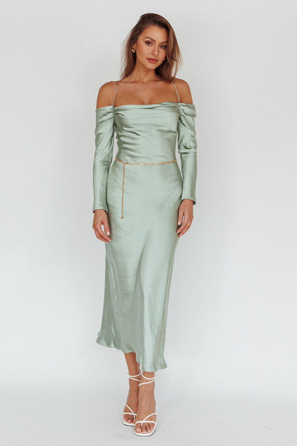 Ellory Long Sleeve Off-Shoulder Dress Sage by Selfie Leslie Australia