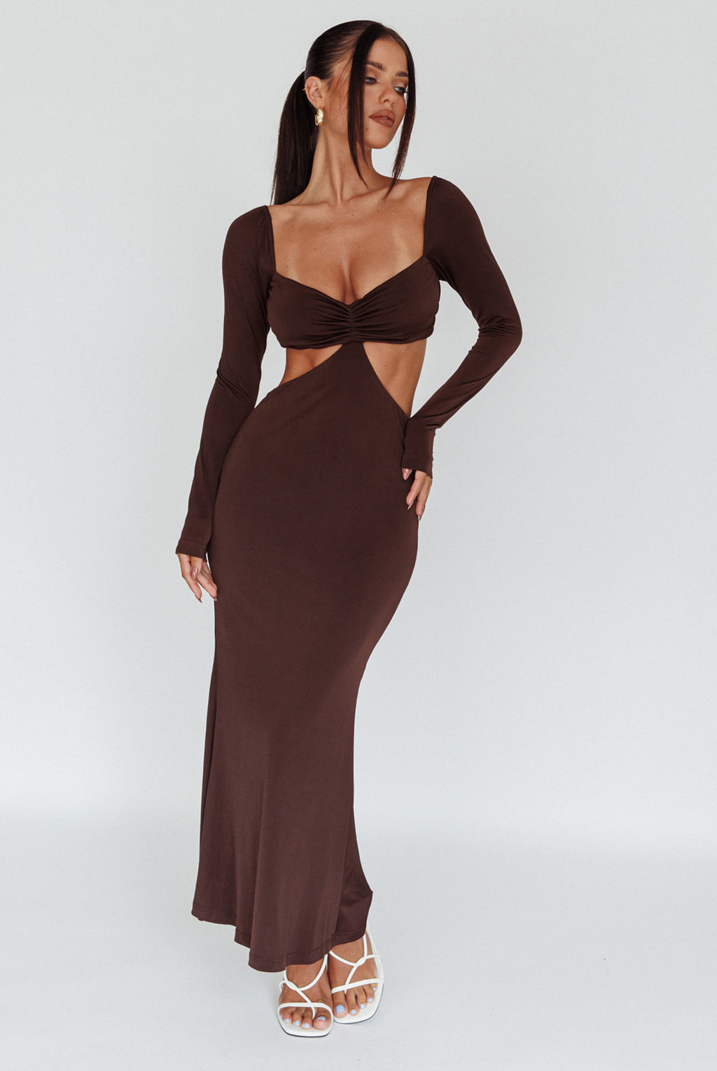 Vienna Long Sleeve Cut-Out Waist Maxi Dress Chocolate by Selfie Leslie Australia