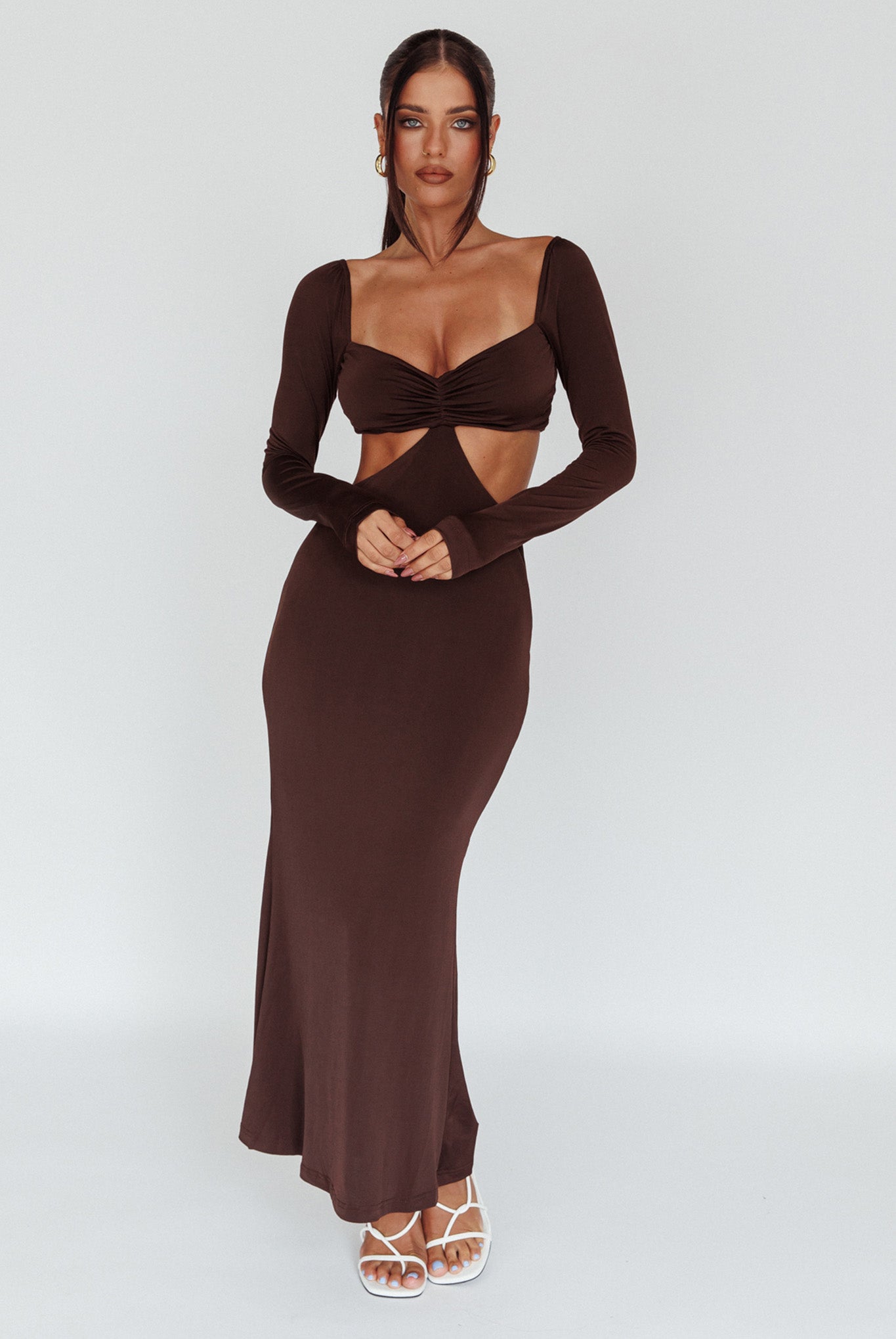 Vienna Long Sleeve Cut-Out Waist Maxi Dress Chocolate by Selfie Leslie Australia