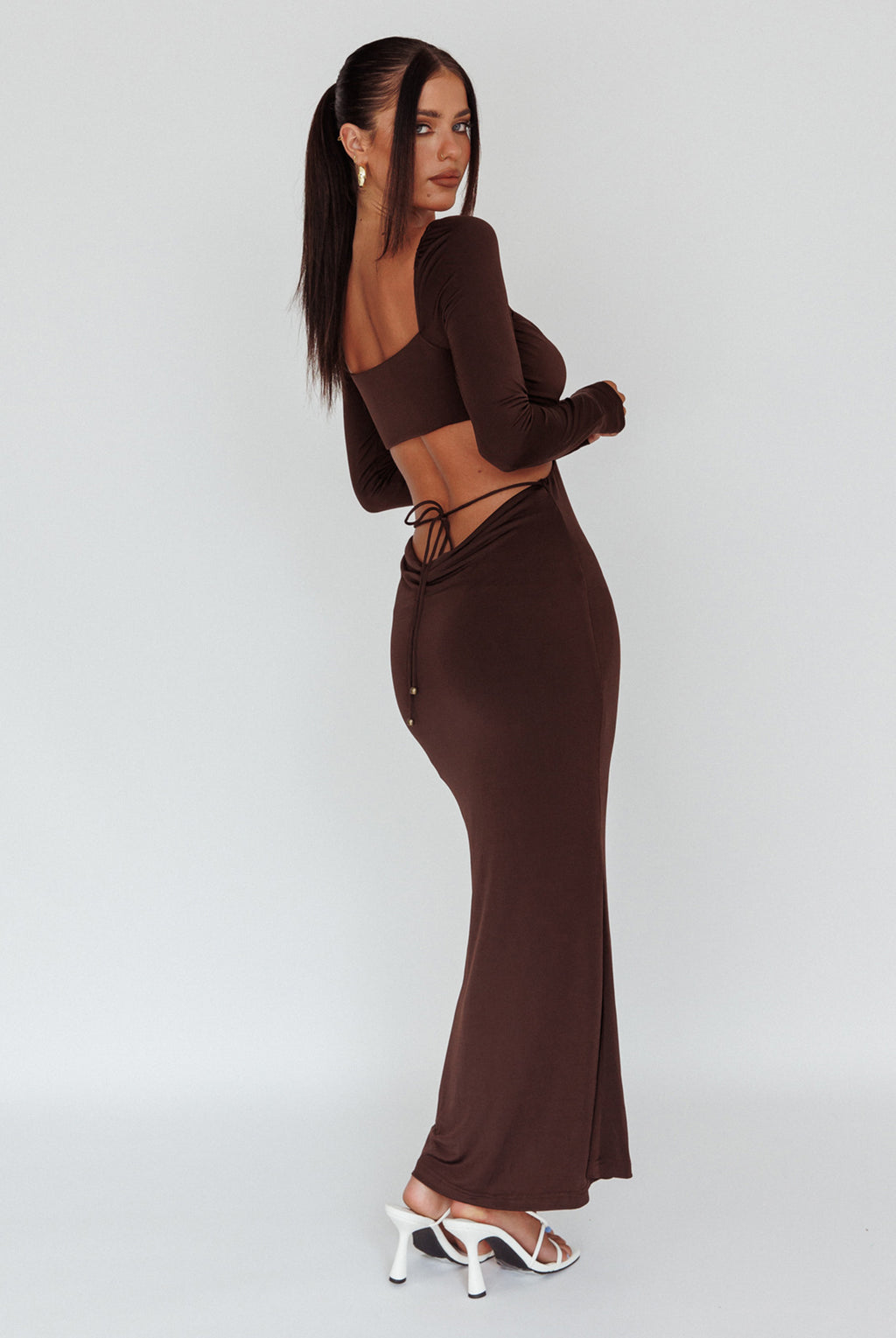 Vienna Long Sleeve Cut-Out Waist Maxi Dress Chocolate by Selfie Leslie Australia