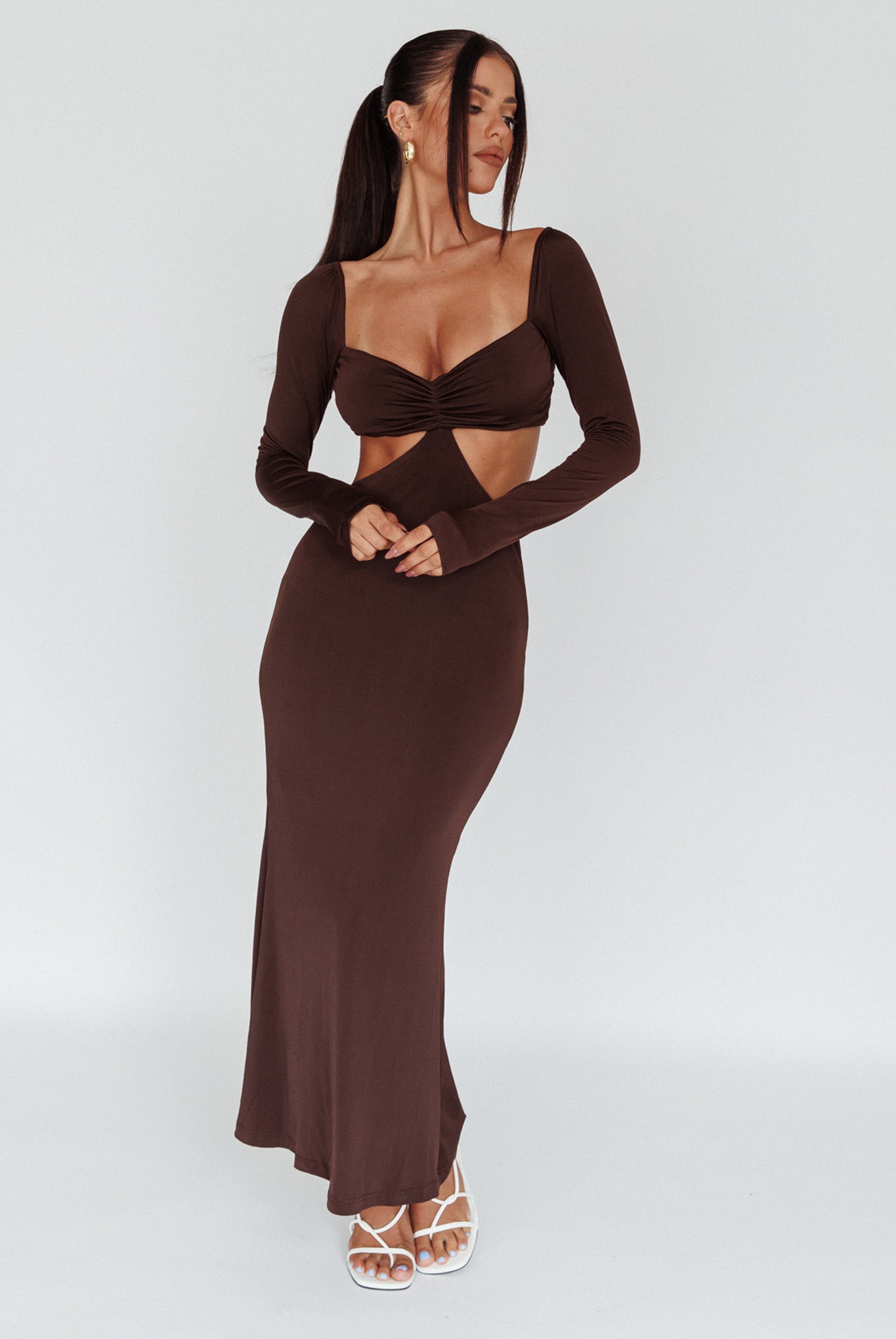 Vienna Long Sleeve Cut-Out Waist Maxi Dress Chocolate by Selfie Leslie Australia