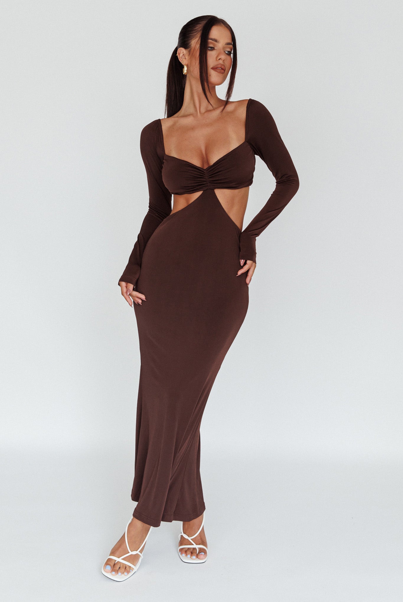 Vienna Long Sleeve Cut-Out Waist Maxi Dress Chocolate by Selfie Leslie Australia