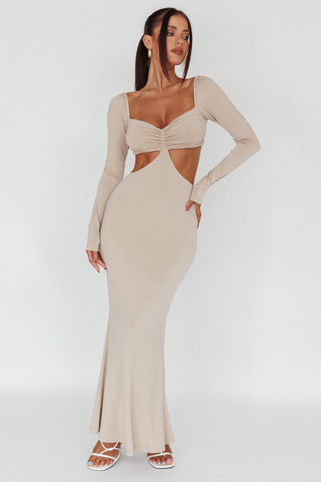 Vienna Long Sleeve Cut-Out Waist Maxi Dress Oat by Selfie Leslie Australia