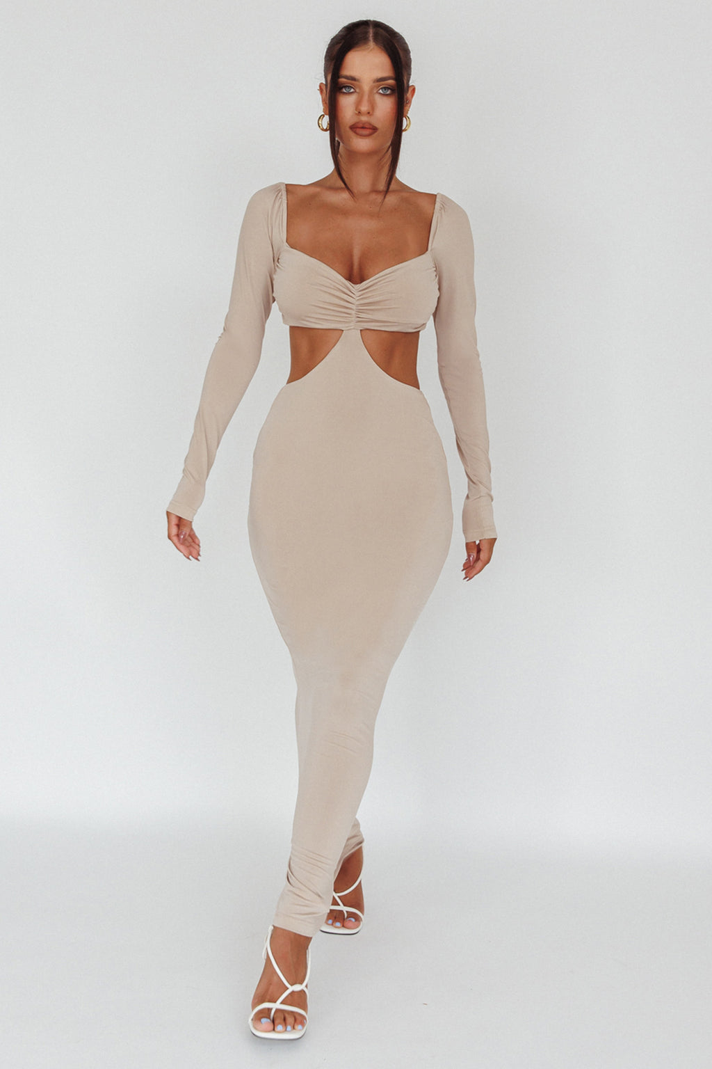 Vienna Long Sleeve Cut-Out Waist Maxi Dress Oat by Selfie Leslie Australia