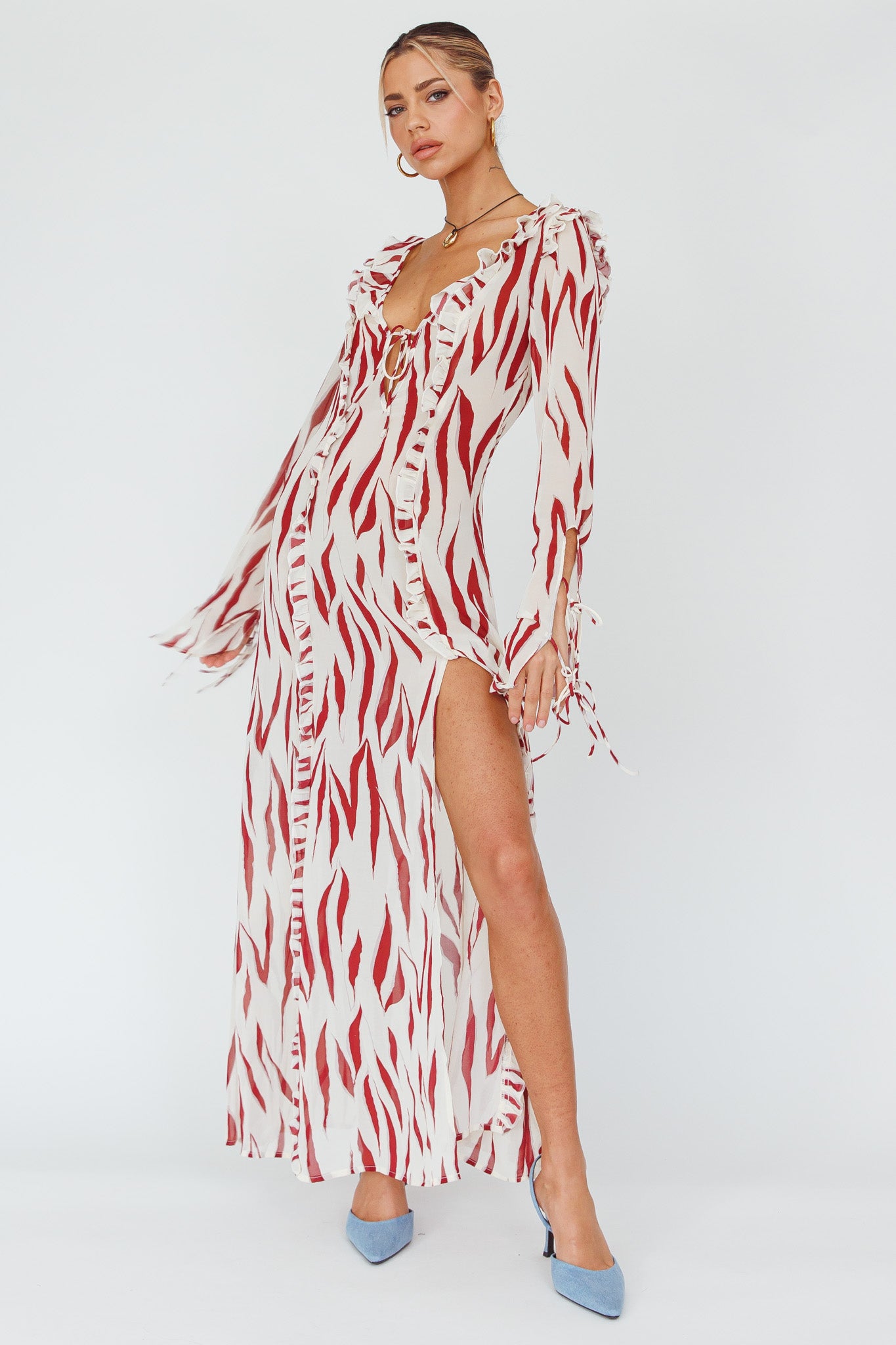 Oasis Moon Frill Trim Maxi Dress Printed Ruby by Selfie Leslie Australia
