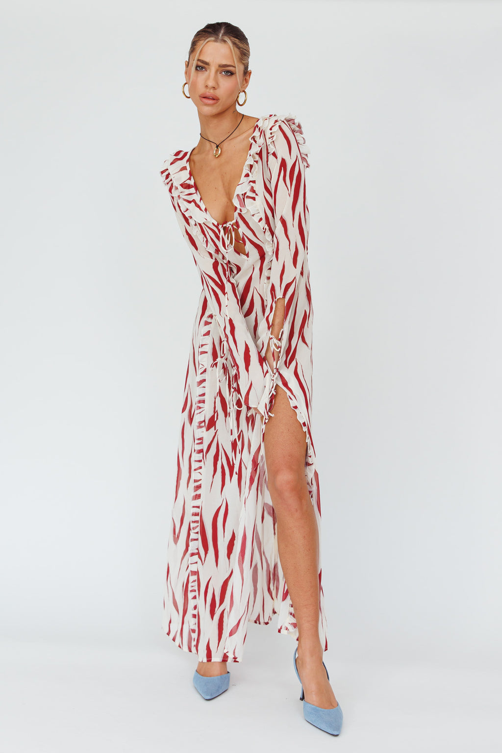 Oasis Moon Frill Trim Maxi Dress Printed Ruby by Selfie Leslie Australia