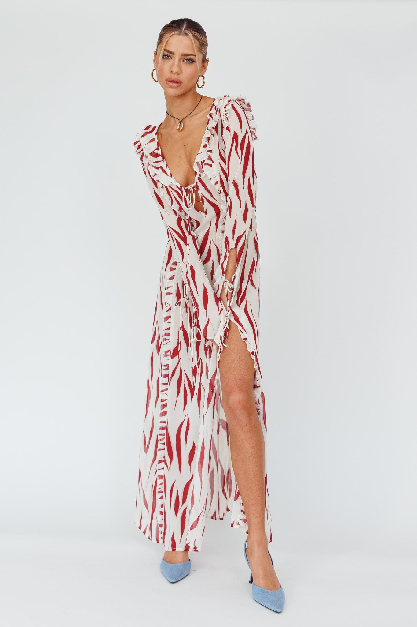 Oasis Moon Frill Trim Maxi Dress Printed Ruby by Selfie Leslie Australia