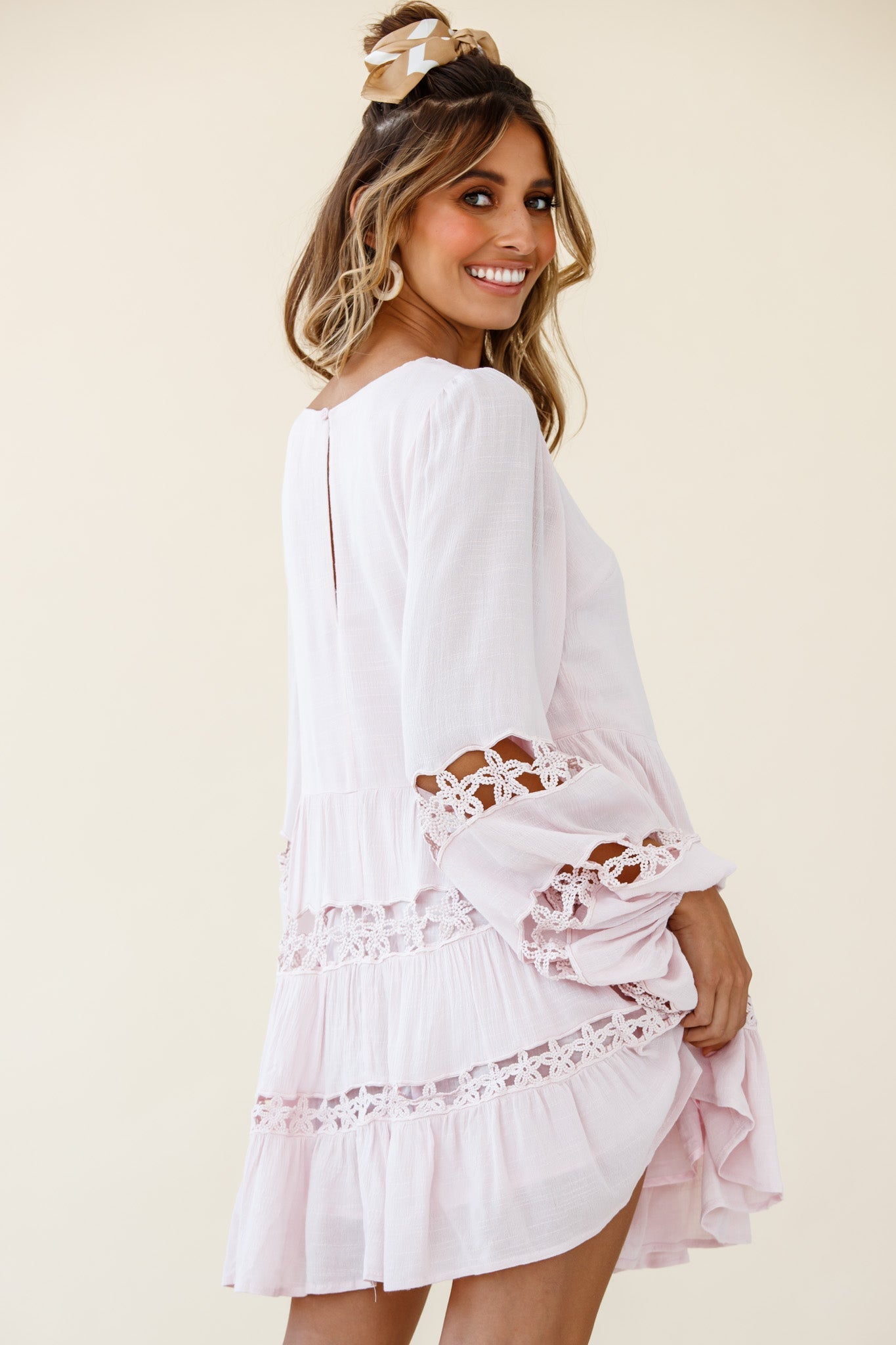 Miles Away Long Balloon Sleeve Trim Insert Dress Pink by Selfie Leslie