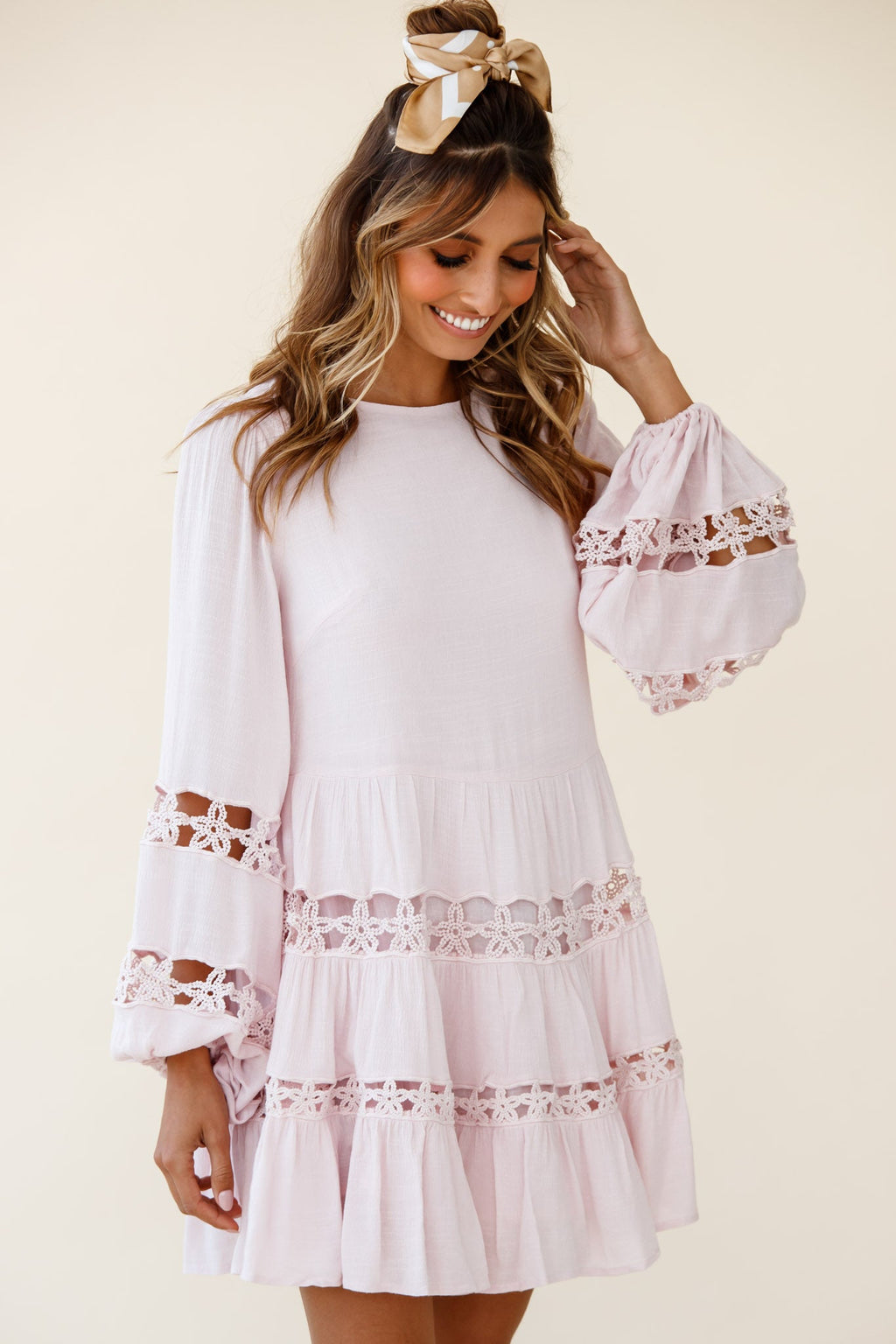 Miles Away Long Balloon Sleeve Trim Insert Dress Pink by Selfie Leslie