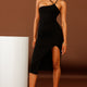 Cleopatra Asymmetrical Neckline Front Split Ribbed Dress Black