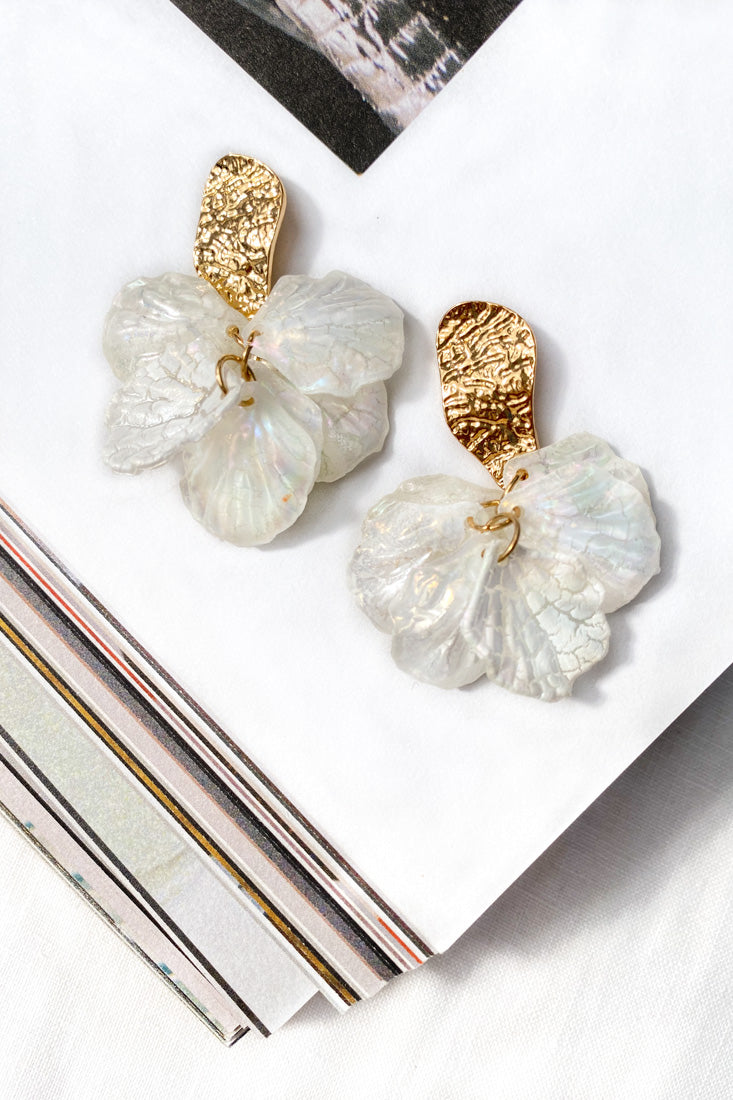 Rising Sun Orchid Flower Earrings White by Selfie Leslie