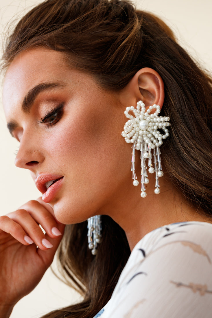 Winslet Pearl Bead Flower Earrings White by Selfie Leslie