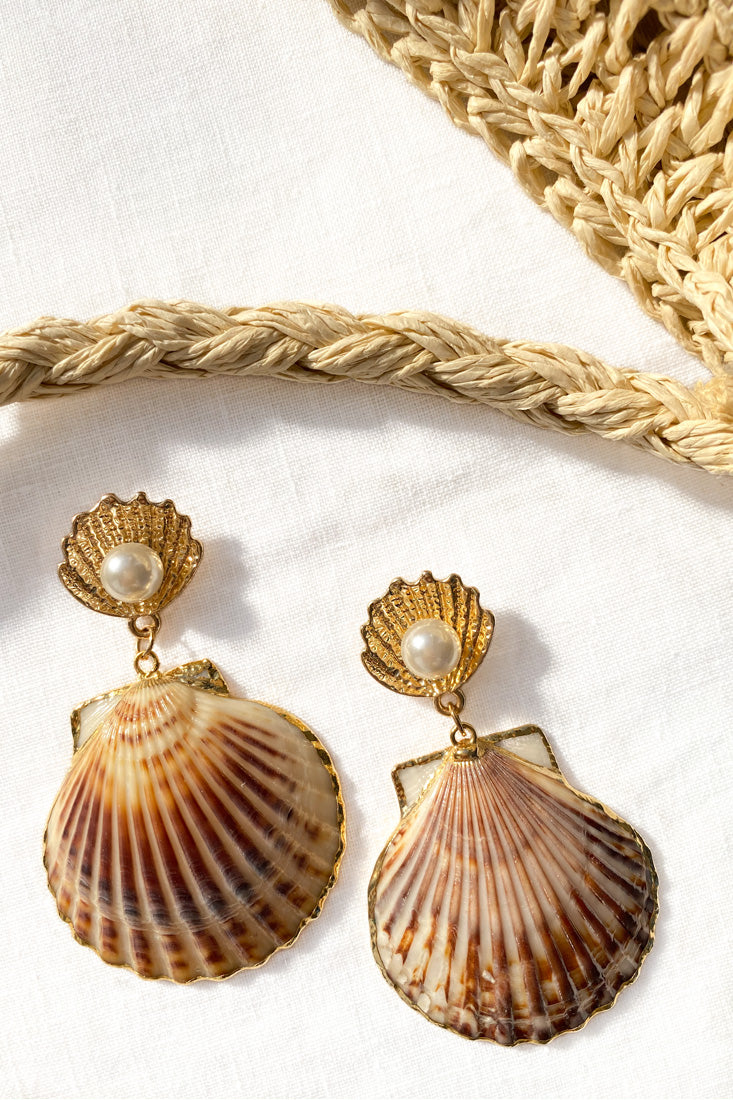 Bora Bora Pearl Accent Shell Earrings Tan by Selfie Leslie
