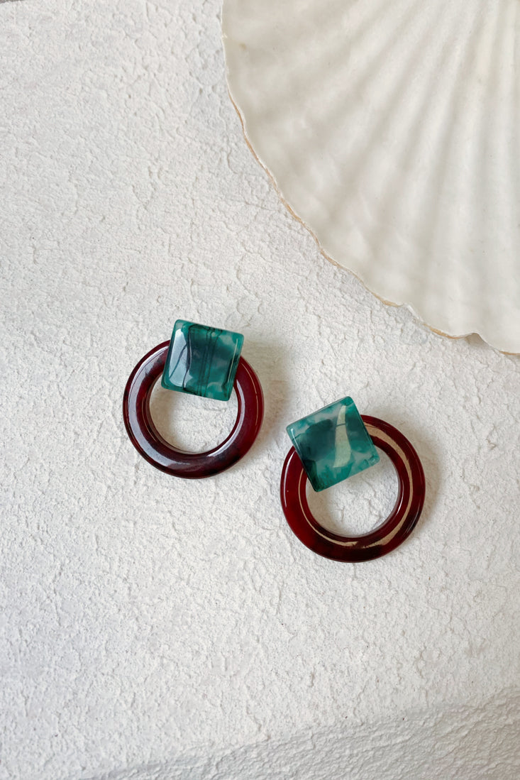 Endearing Marbled Square Circle Earrings Brown by Selfie Leslie