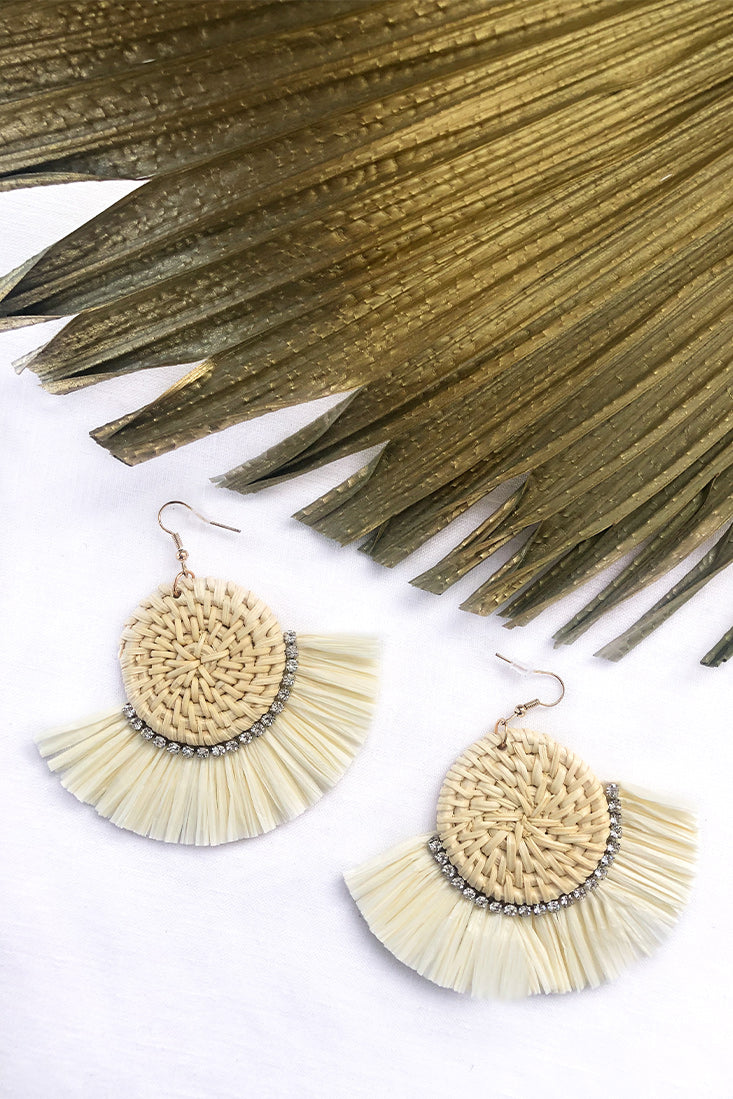 Kenya Diamante Accent Woven Straw Earrings Natural by Selfie Leslie