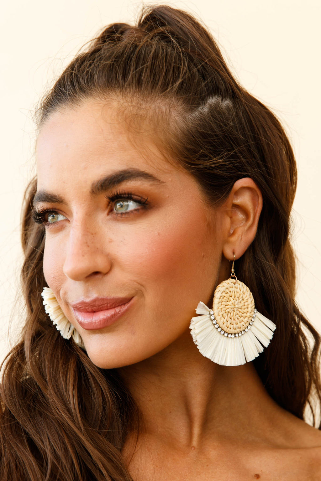 Kenya Diamante Accent Woven Straw Earrings Natural by Selfie Leslie