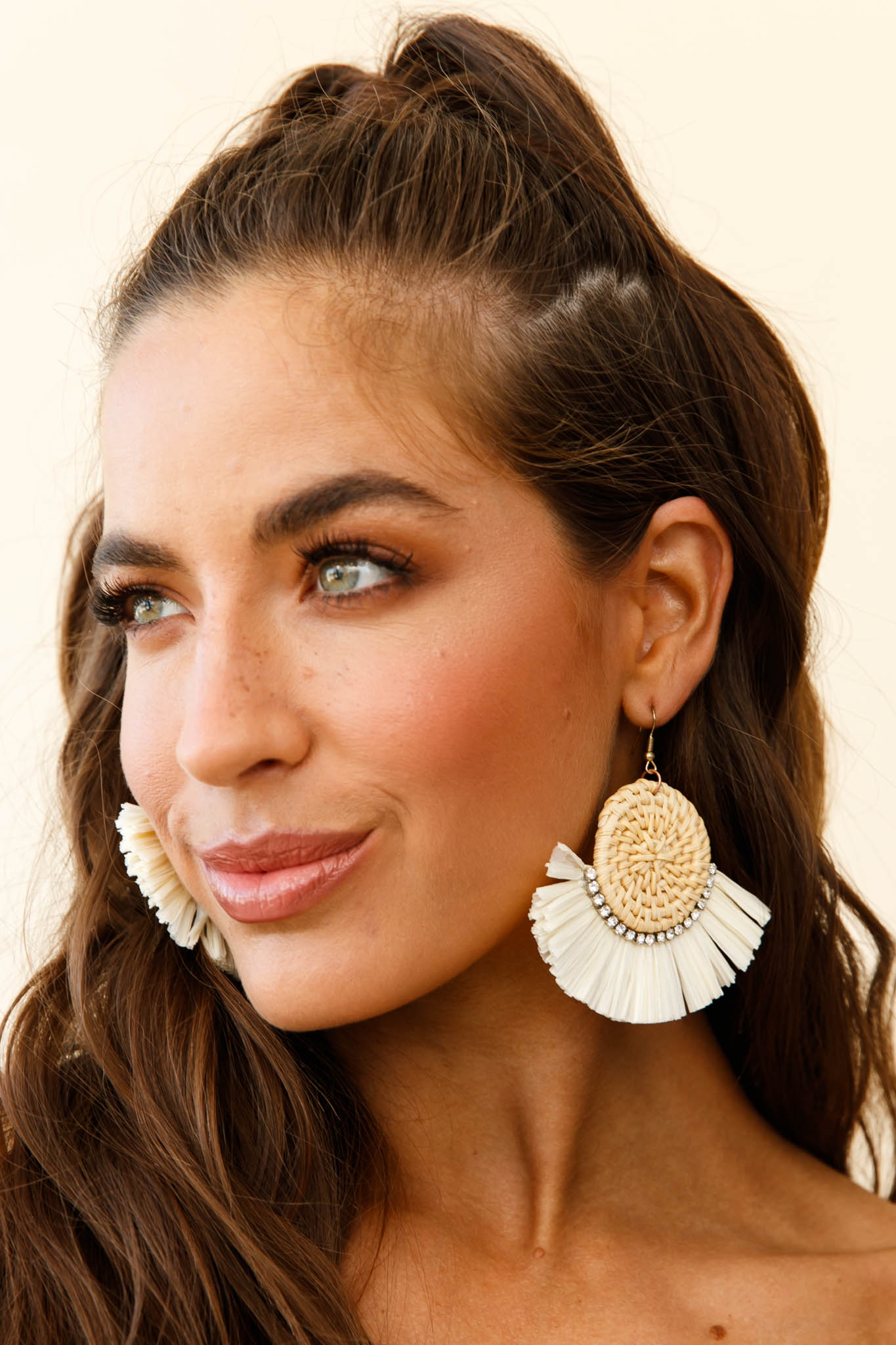 Kenya Diamante Accent Woven Straw Earrings Natural by Selfie Leslie