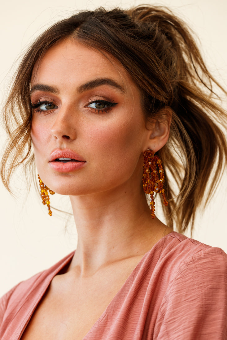 Flora Beaded Bow Earrings Tan by Selfie Leslie