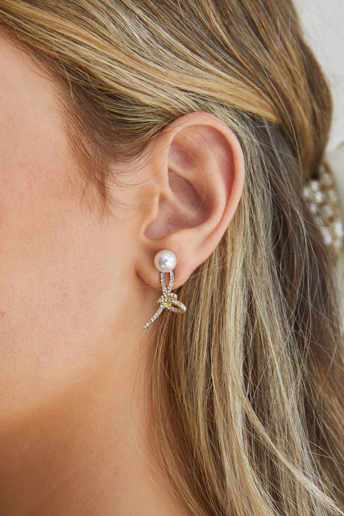 Carrie Crystal Knot Pearl Earrings Gold by Selfie Leslie