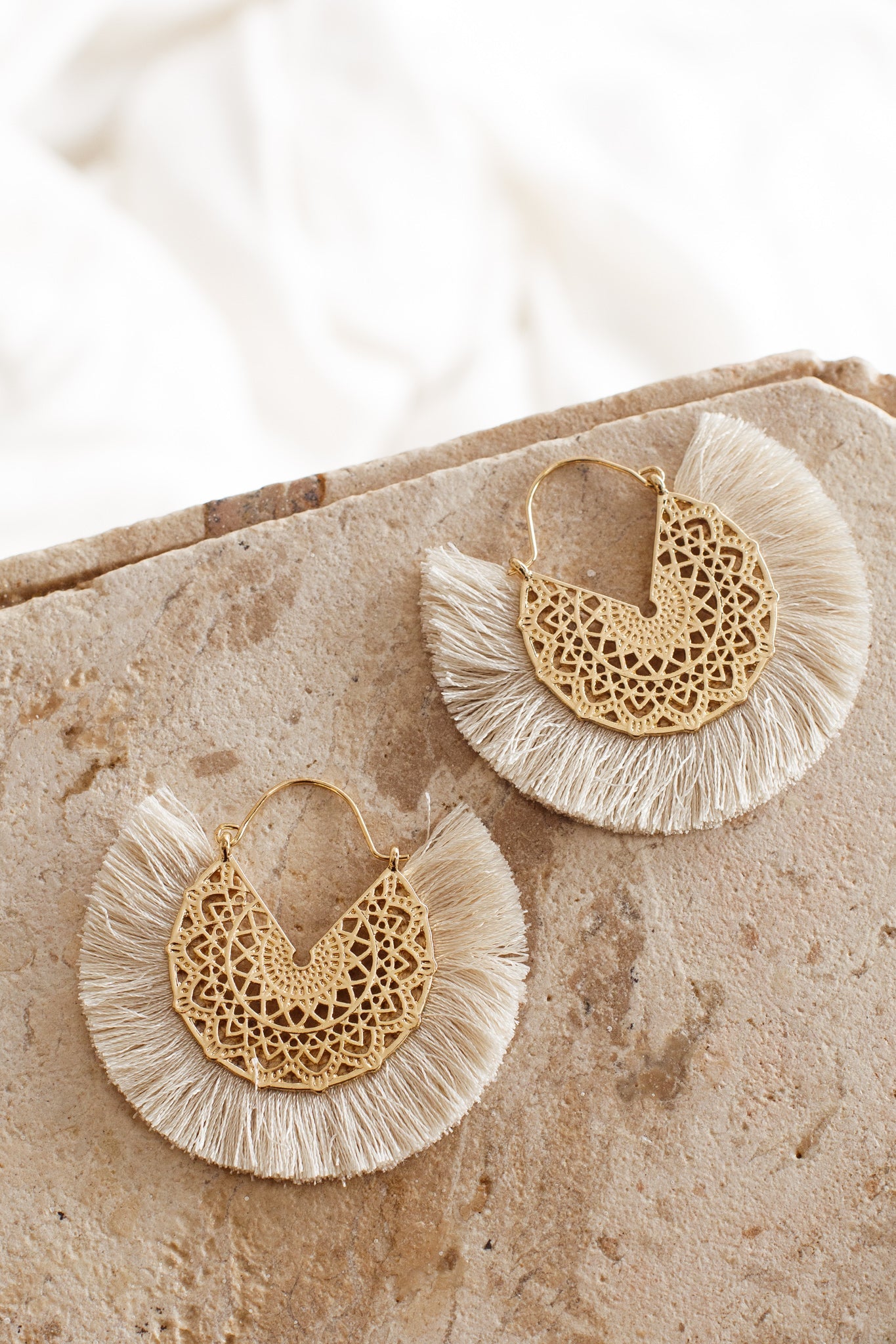Bali Gold Filigree Fringing Earrings Beige by Selfie Leslie
