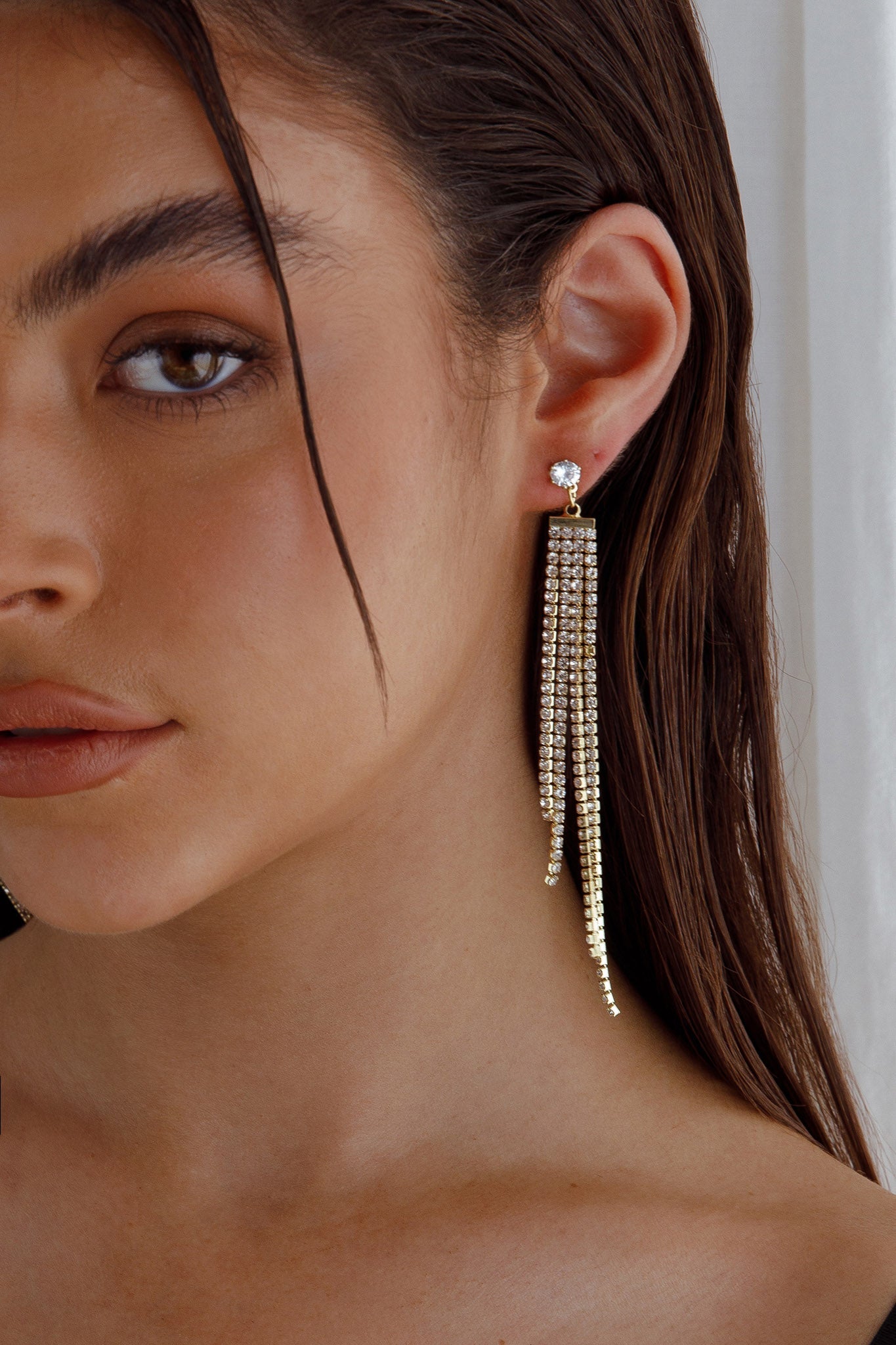Jamie Tiered Diamante Strand Earrings Gold by Selfie Leslie