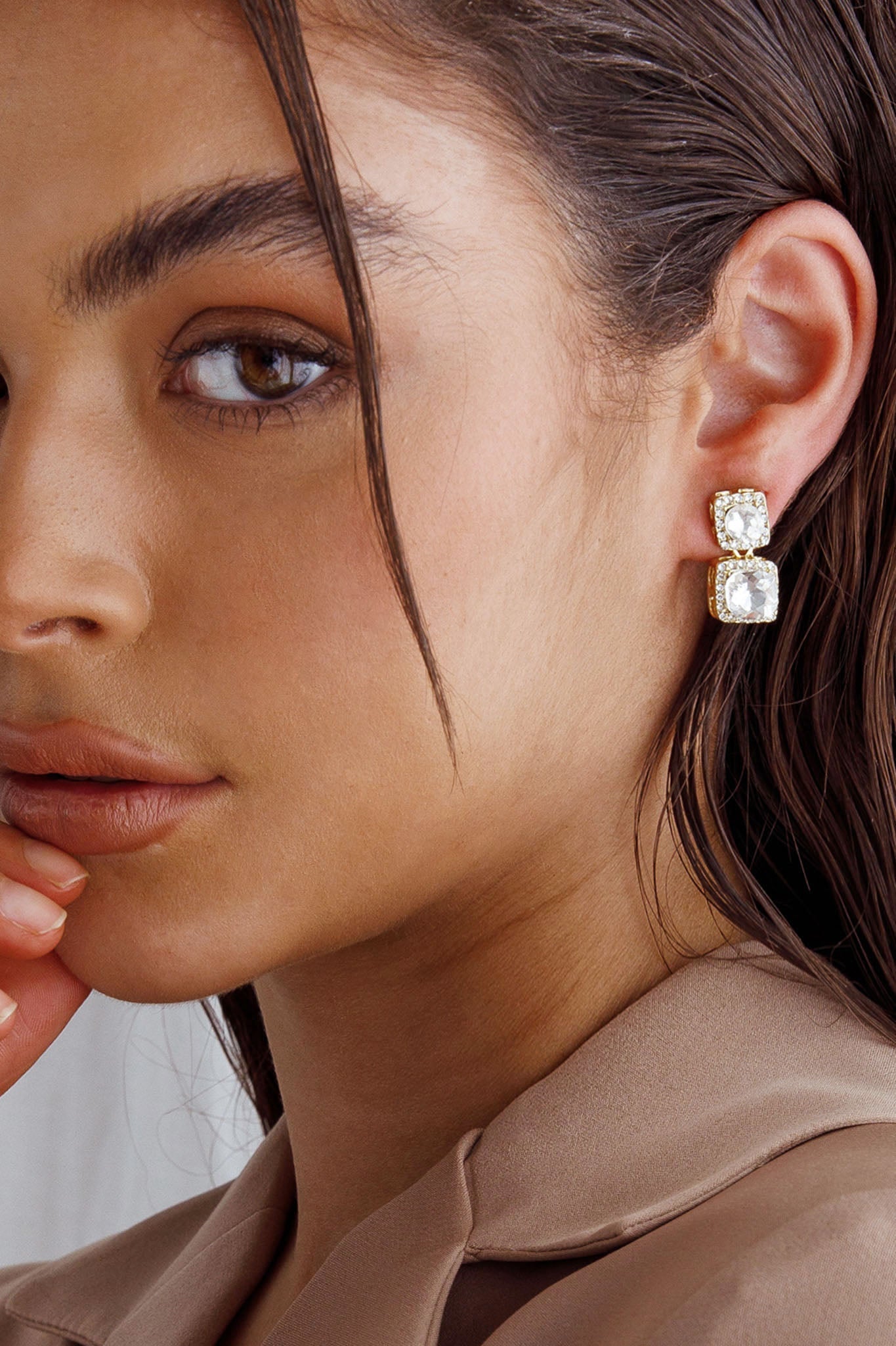 Megan Diamante Square Drop Earrings Gold by Selfie Leslie