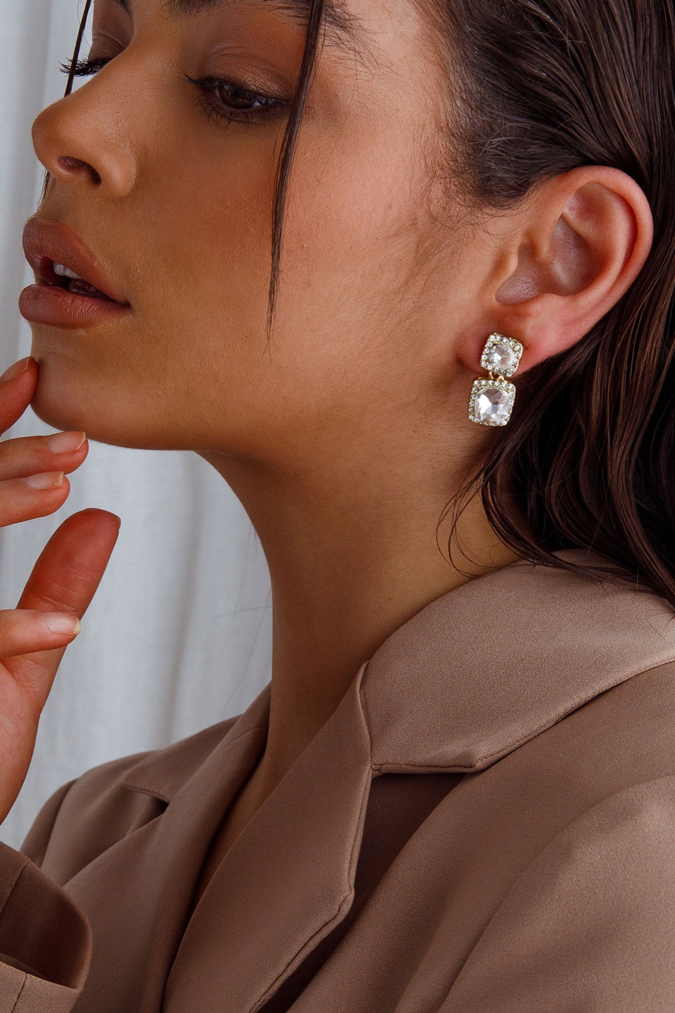 Megan Diamante Square Drop Earrings Gold by Selfie Leslie