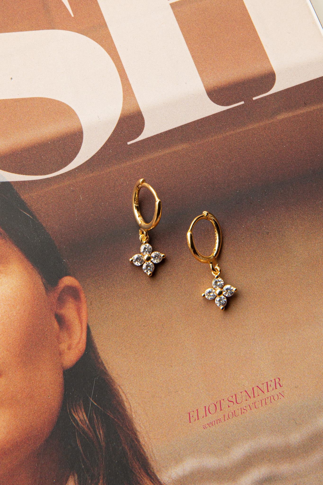 Dexter Clover Diamante Drop Hoop Earrings Gold by Selfie Leslie Australia