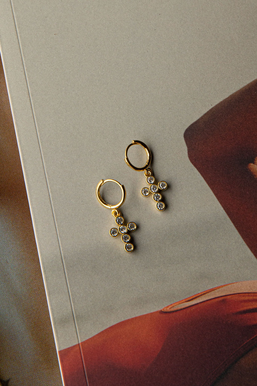 Santiago Cross Drop Diamante Hoop Earrings Gold by Selfie Leslie Australia