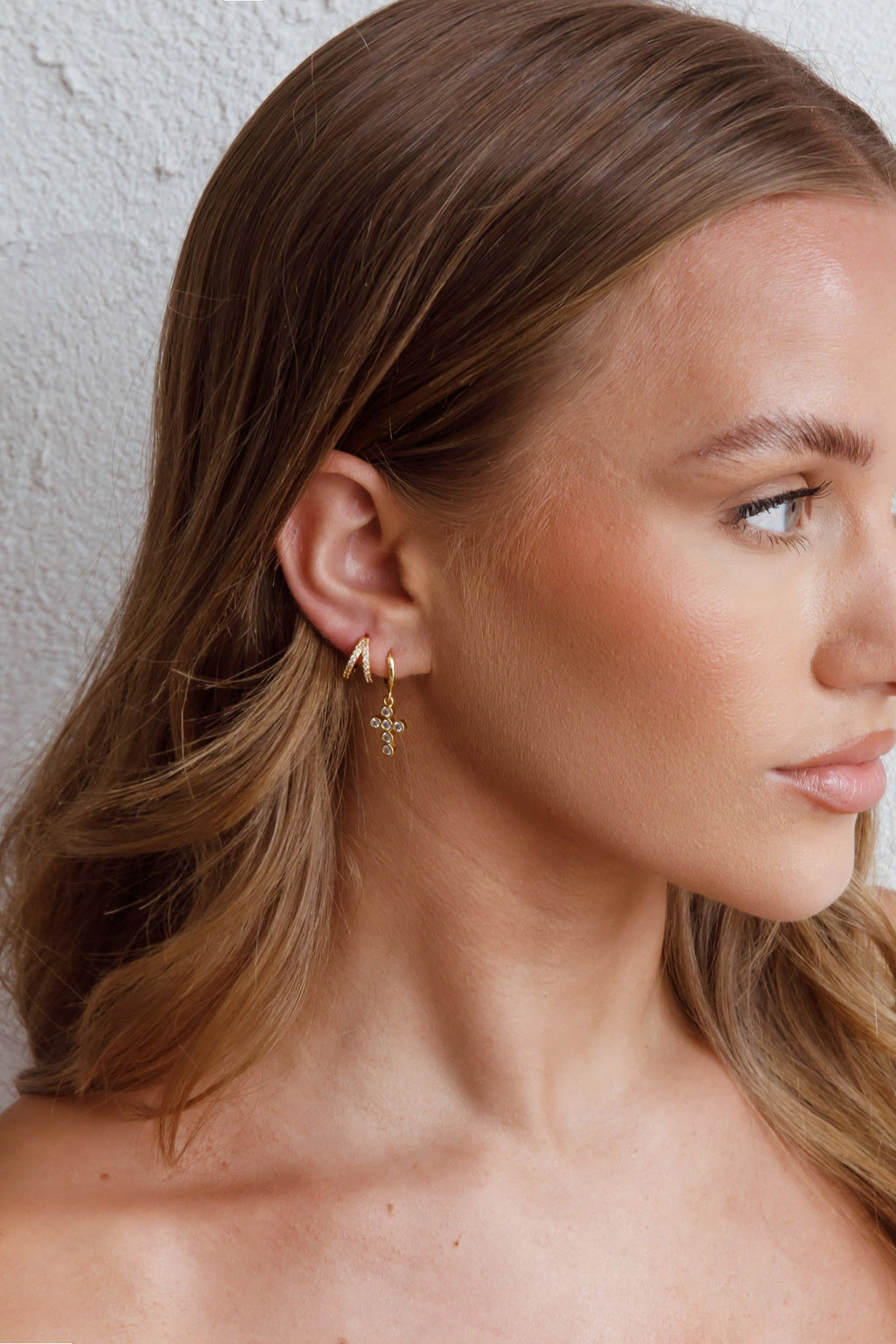 Santiago Cross Drop Diamante Hoop Earrings Gold by Selfie Leslie Australia