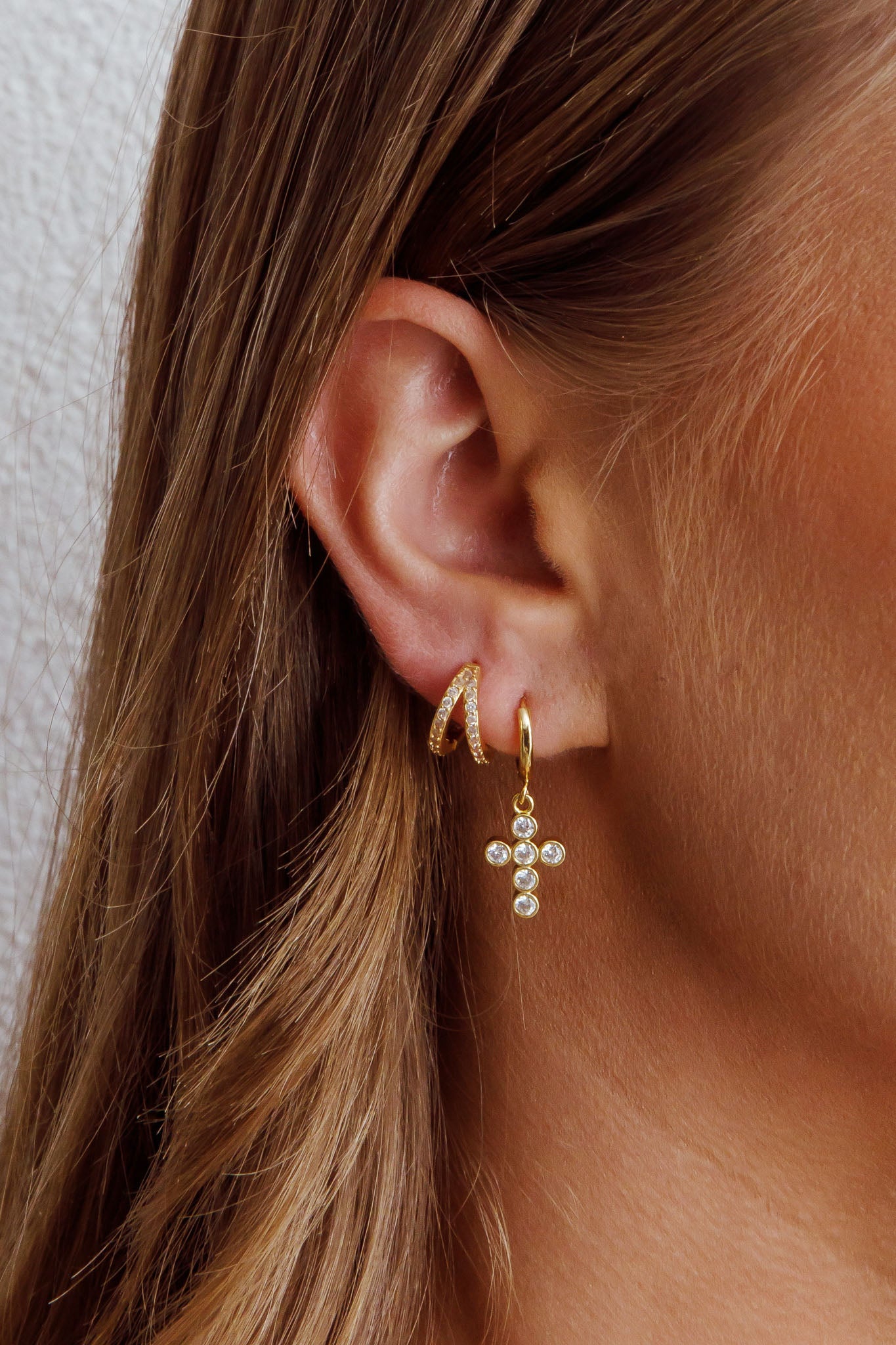 Santiago Cross Drop Diamante Hoop Earrings Gold by Selfie Leslie Australia